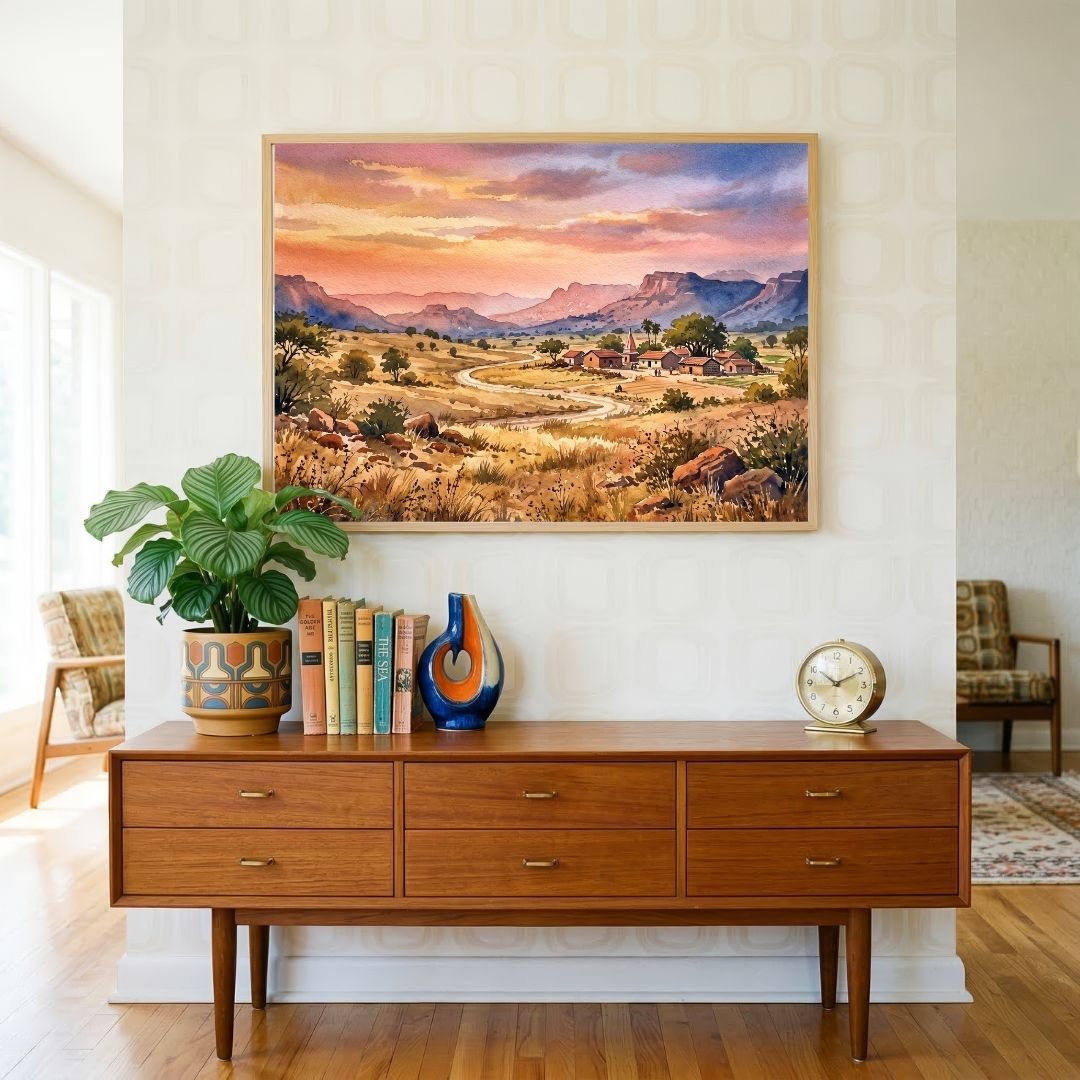 Sahyadri Sandhya | Watercolor Landscape Framed Art Curate Premium Wall Art Canvas by MeriDeewar