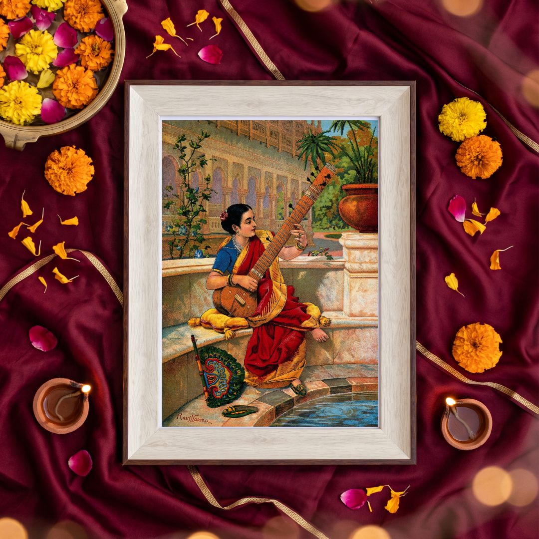 Sangeet Sandhya | Raja Ravi Varma Classical Musician Framed Art Curate Oakwood mix / Small Premium Wall Art Canvas by MeriDeewar