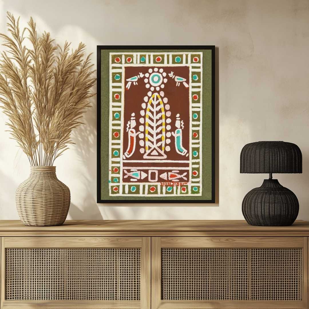 Santhal Tribal Folk Art Painting for Living Room | Jamini Roy Style Wall Décor | Giclée Print 2 : 3 Vertical Premium Wall Art Canvas by MeriDeewar