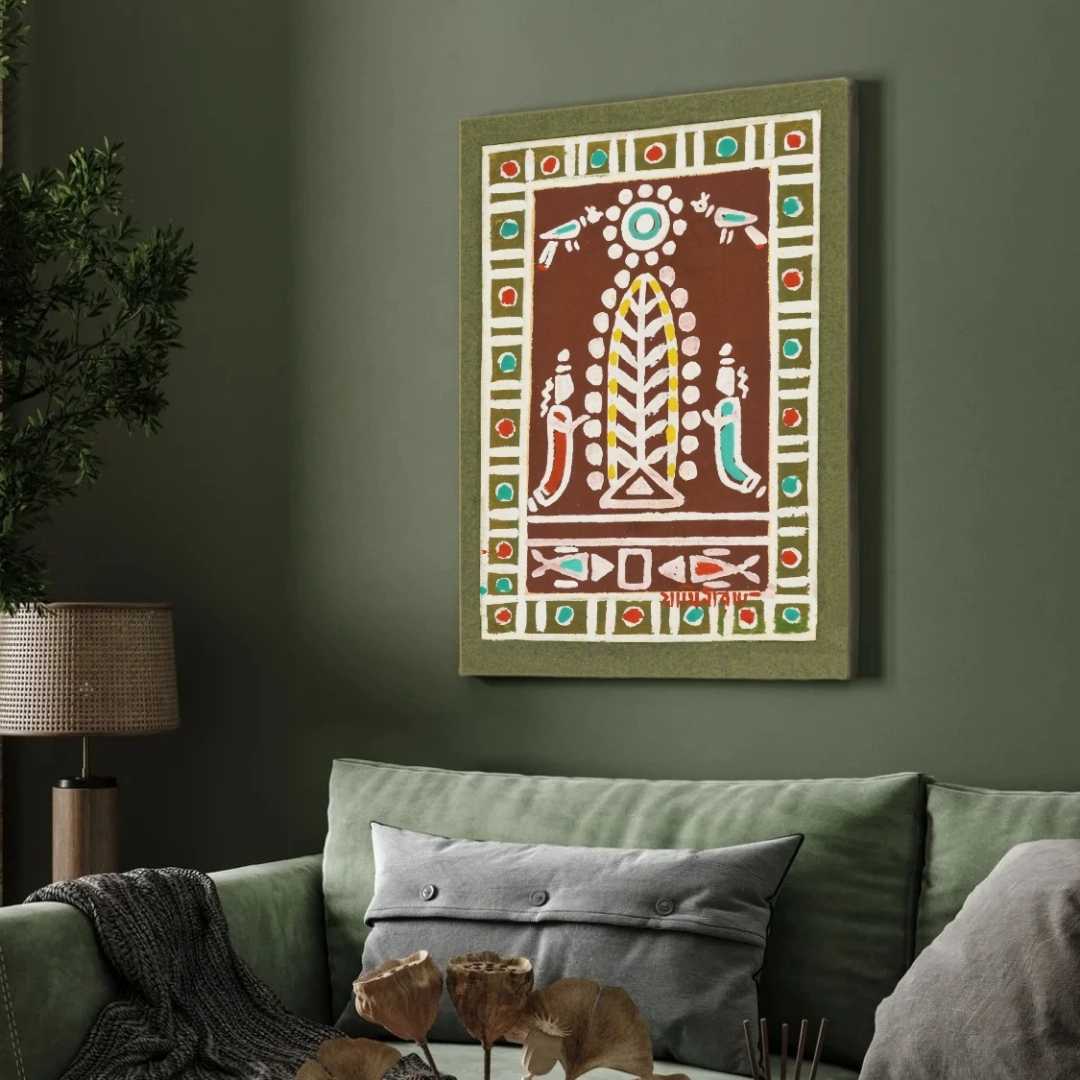 Santhal Tribal Folk Art Painting for Living Room | Jamini Roy Style Wall Décor | Giclée Print 2 : 3 Vertical Premium Wall Art Canvas by MeriDeewar