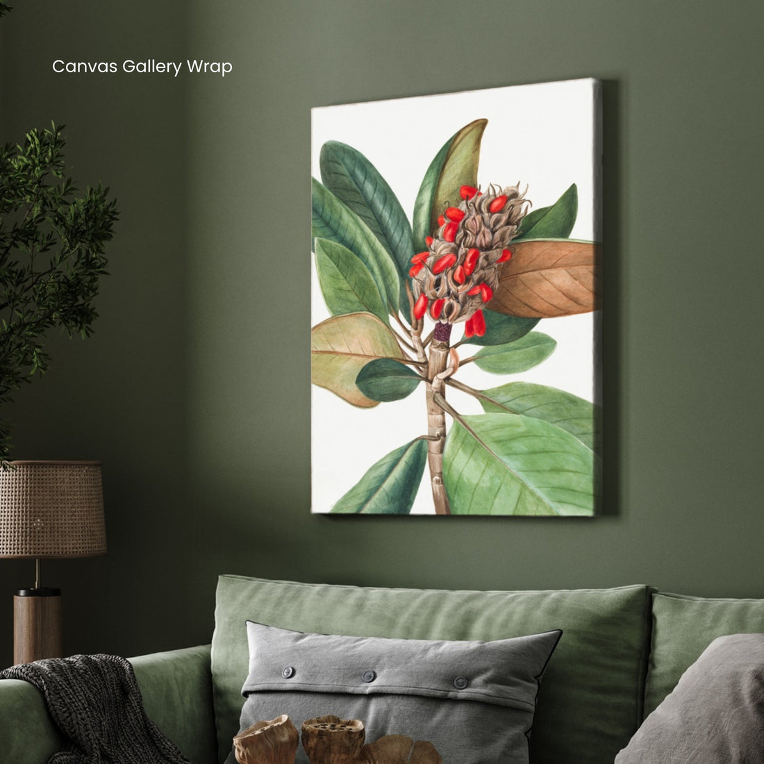 Scarlet Seeds – Botanical Leaf & Pod Canvas Wall Art 2 : 3 Vertical Premium Wall Art Canvas by MeriDeewar