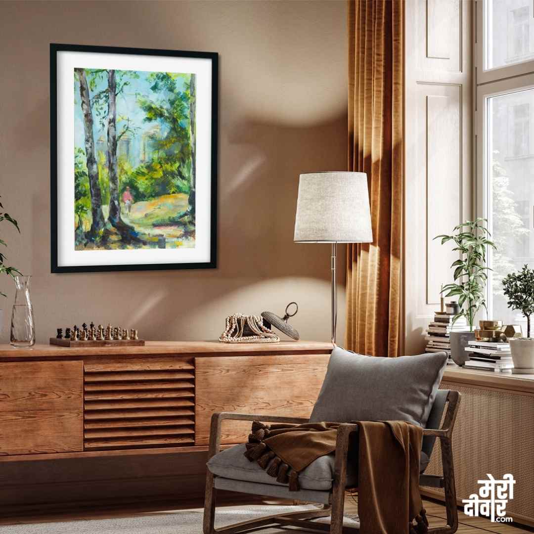 Scenery Painting for Living Room – Green Forest Birch Trees | Nature Wall Art Print 2 : 3 Vertical Premium Wall Art Canvas by MeriDeewar