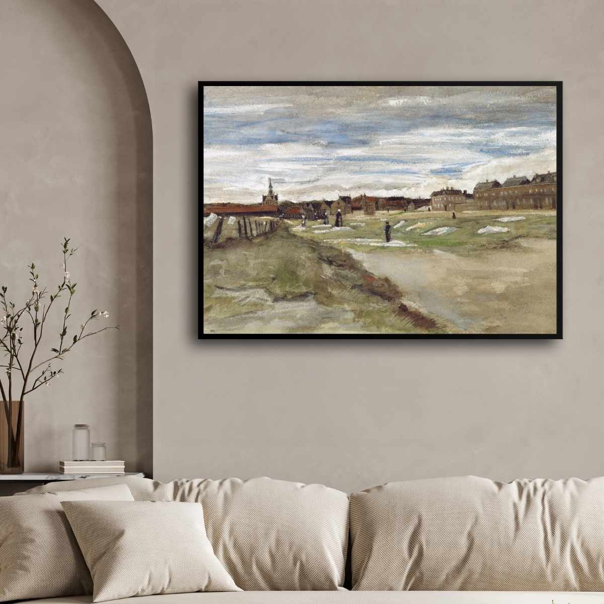 Scenery Painting for Living Room – Van Gogh Bleachery at Scheveningen 1882 | Wall Art Print 3 : 2 Horizontal Premium Wall Art Canvas by MeriDeewar