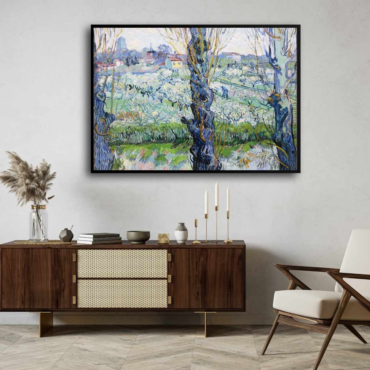 Scenery Painting for Living Room – Van Gogh Flowering Orchards | Nature Wall Art Print 4 : 3 Horizontal Premium Wall Art Canvas by MeriDeewar