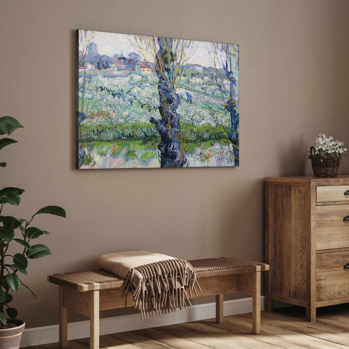 Scenery Painting for Living Room – Van Gogh Flowering Orchards | Nature Wall Art Print 4 : 3 Horizontal Premium Wall Art Canvas by MeriDeewar