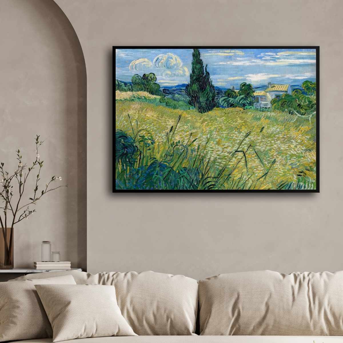 Scenery Painting for Living Room – Van Gogh Green Wheat Field with Cypress | Nature Wall Art 4 : 3 Horizontal Premium Wall Art Canvas by MeriDeewar