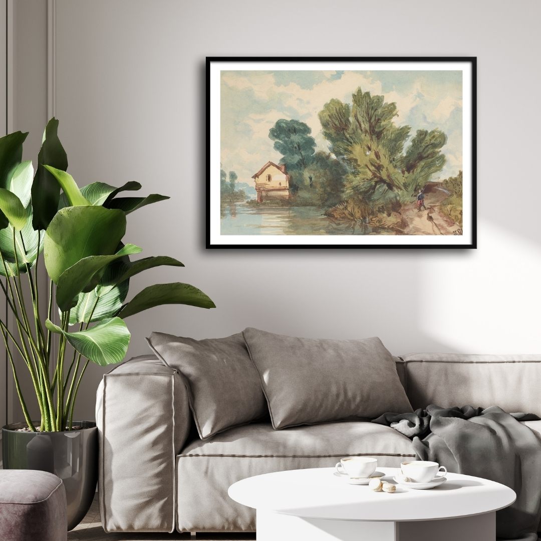 Serene Landscape Art: Walker and House by the Water 2 : 3 Horizontal Premium Wall Art Canvas by MeriDeewar