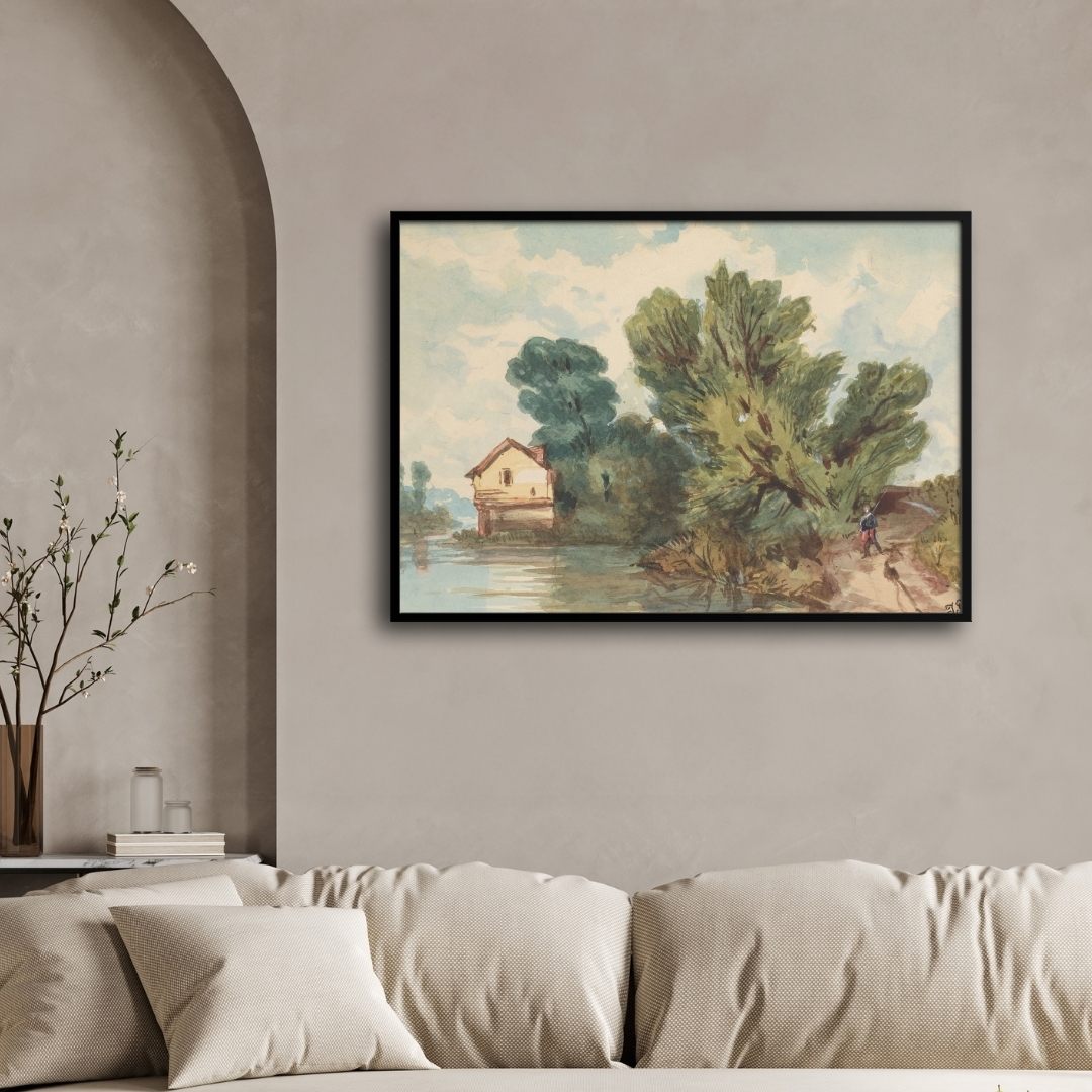 Serene Landscape Art: Walker and House by the Water 2 : 3 Horizontal Premium Wall Art Canvas by MeriDeewar