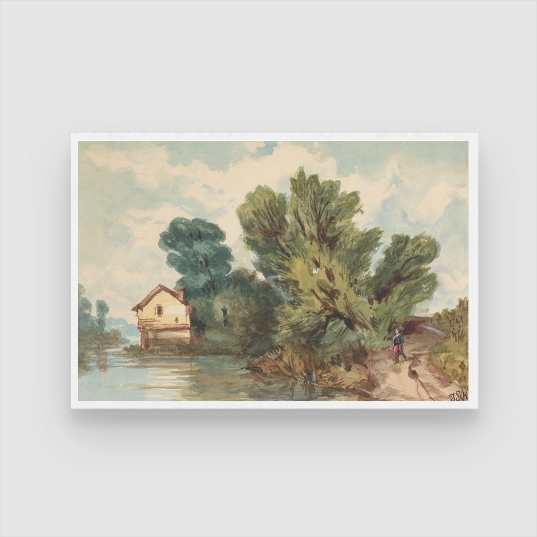 Serene Landscape Art: Walker and House by the Water 2 : 3 Horizontal Premium Wall Art Canvas by MeriDeewar