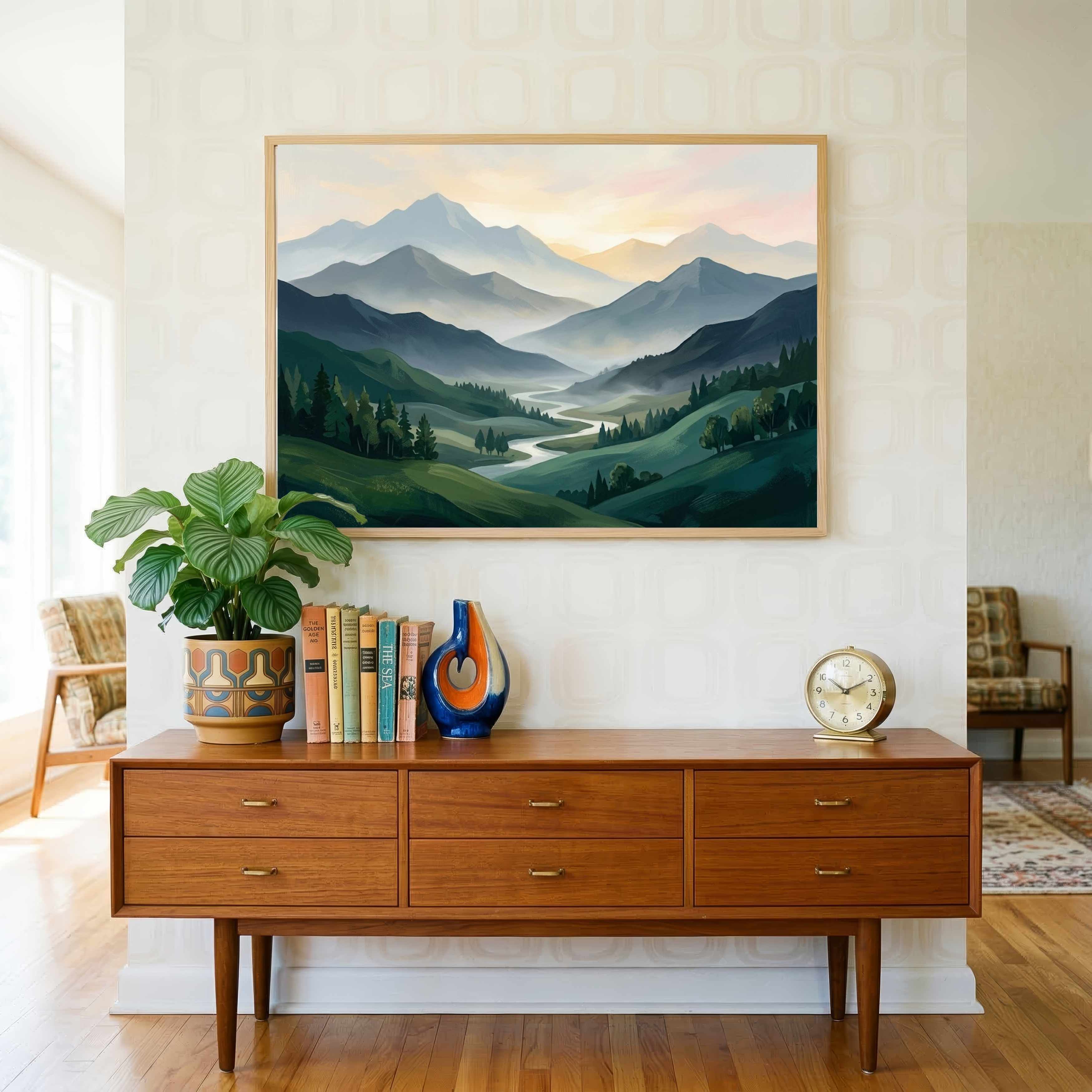 "Serene Mountain Valley" Modern Abstract Landscape Giclée Print | Wall Art 3 : 4 Horizontal New Premium Wall Art Canvas by MeriDeewar