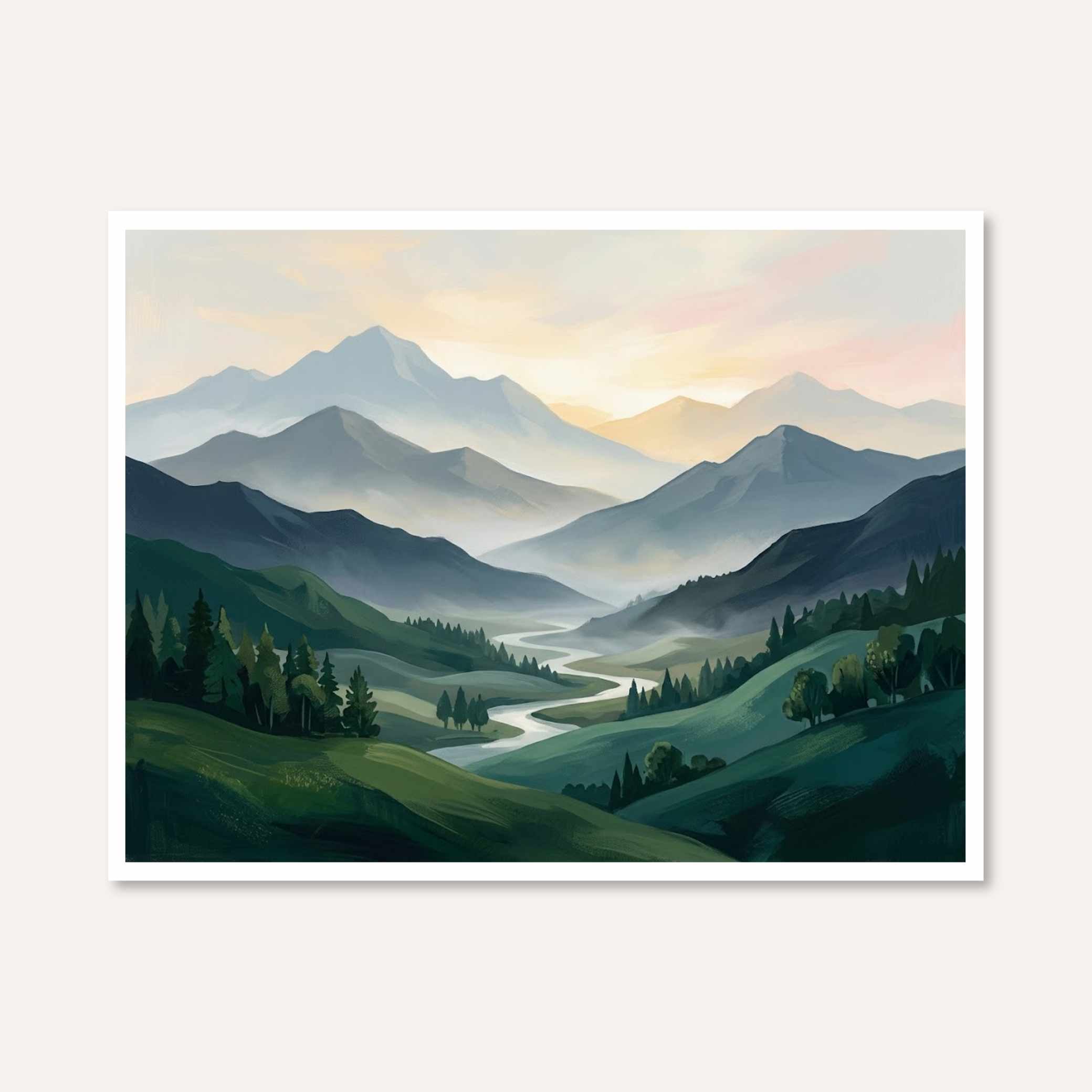 "Serene Mountain Valley" Modern Abstract Landscape Giclée Print | Wall Art 3 : 4 Horizontal New Premium Wall Art Canvas by MeriDeewar
