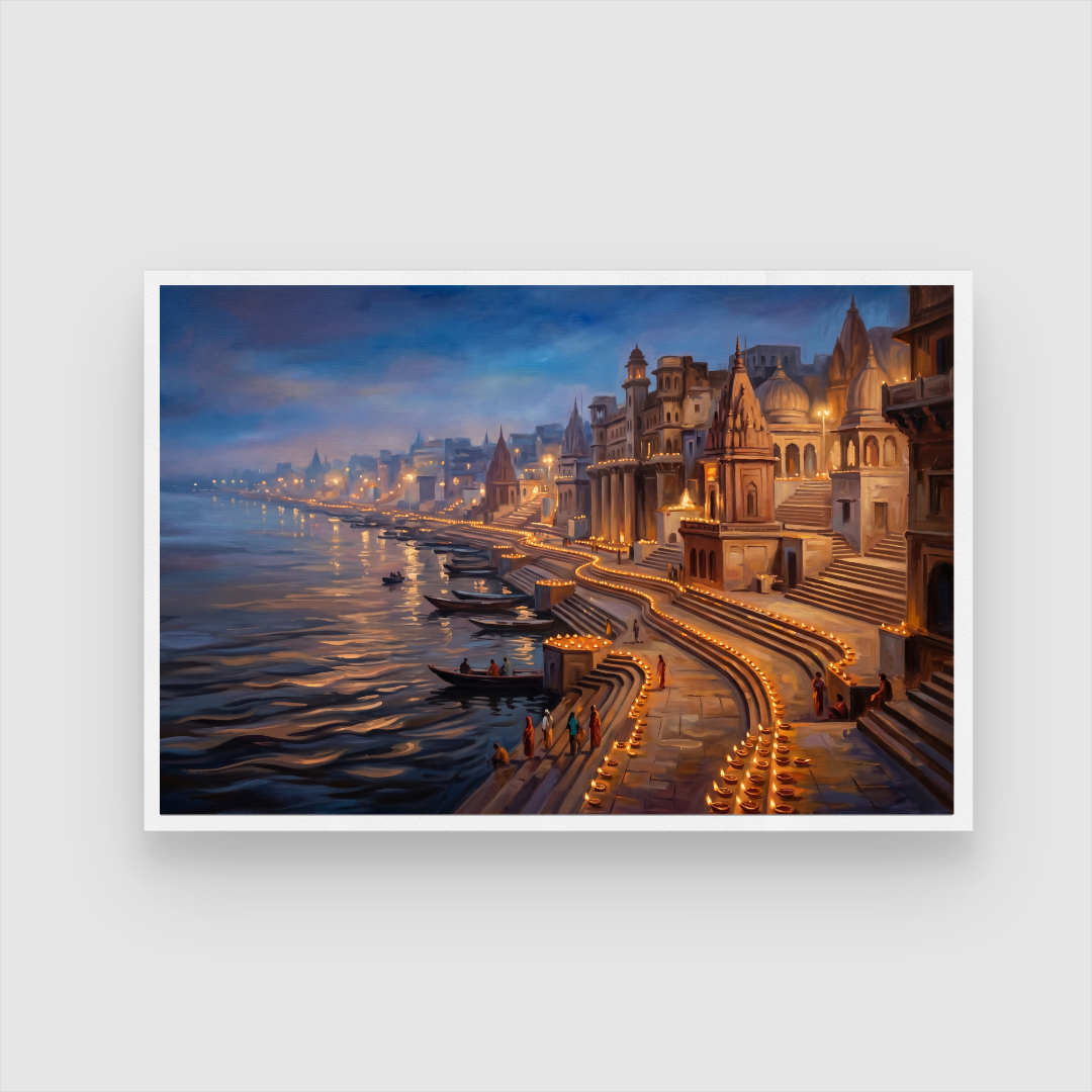Serene Varanasi Ghats Illuminated Wall Art | Panoramic Oil Painting Framed Print 2 : 3 Horizontal Premium Wall Art Canvas by MeriDeewar