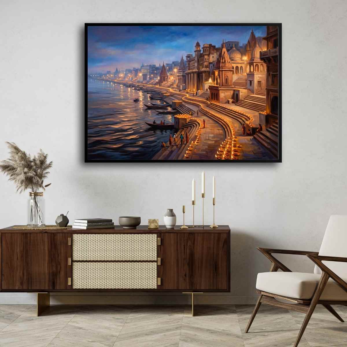 Serene Varanasi Ghats Illuminated Wall Art | Panoramic Oil Painting Framed Print 2 : 3 Horizontal Premium Wall Art Canvas by MeriDeewar