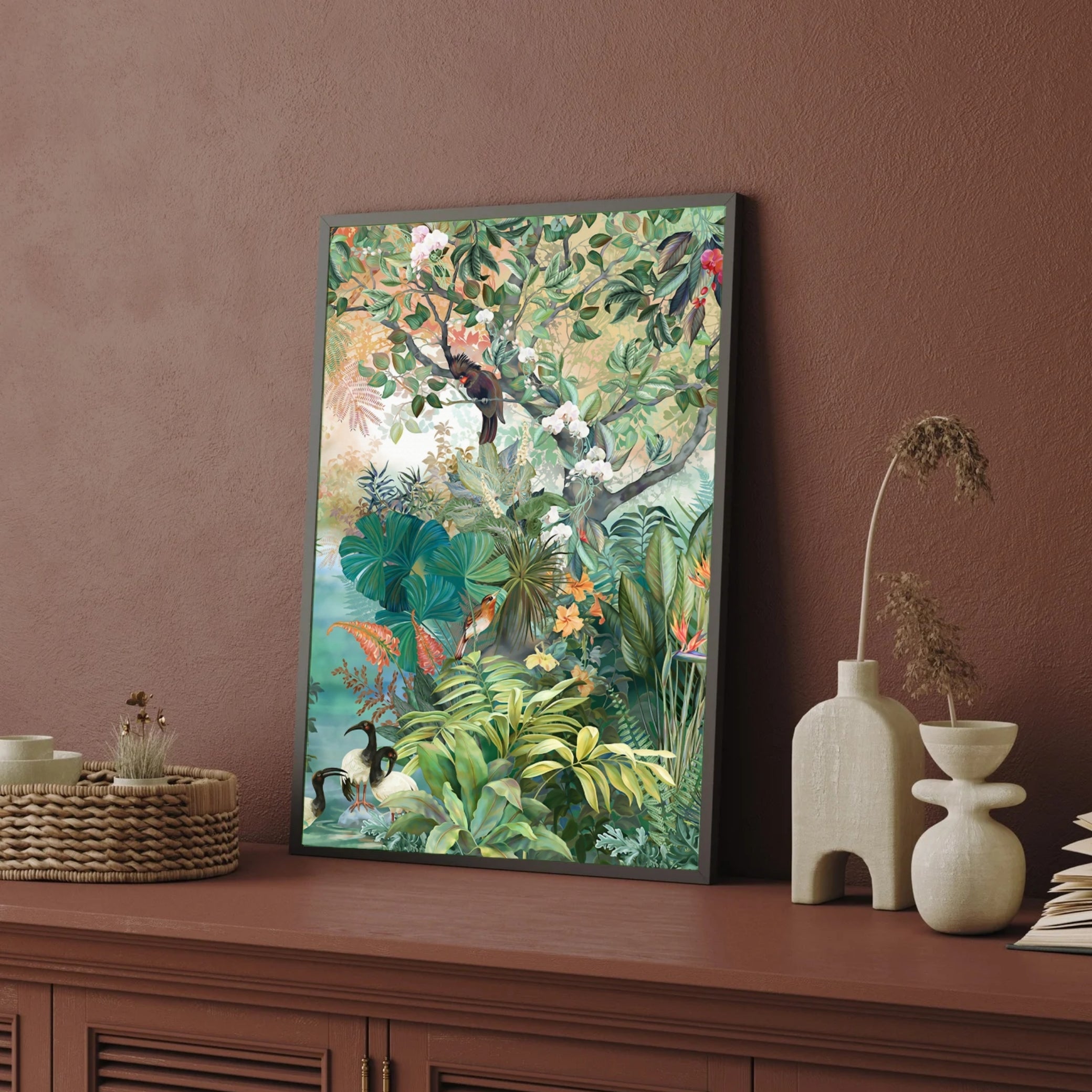 Serenity Grove – Tropical Rainforest Birds Canvas Wall Art 2 : 3 Vertical Premium Wall Art Canvas by MeriDeewar