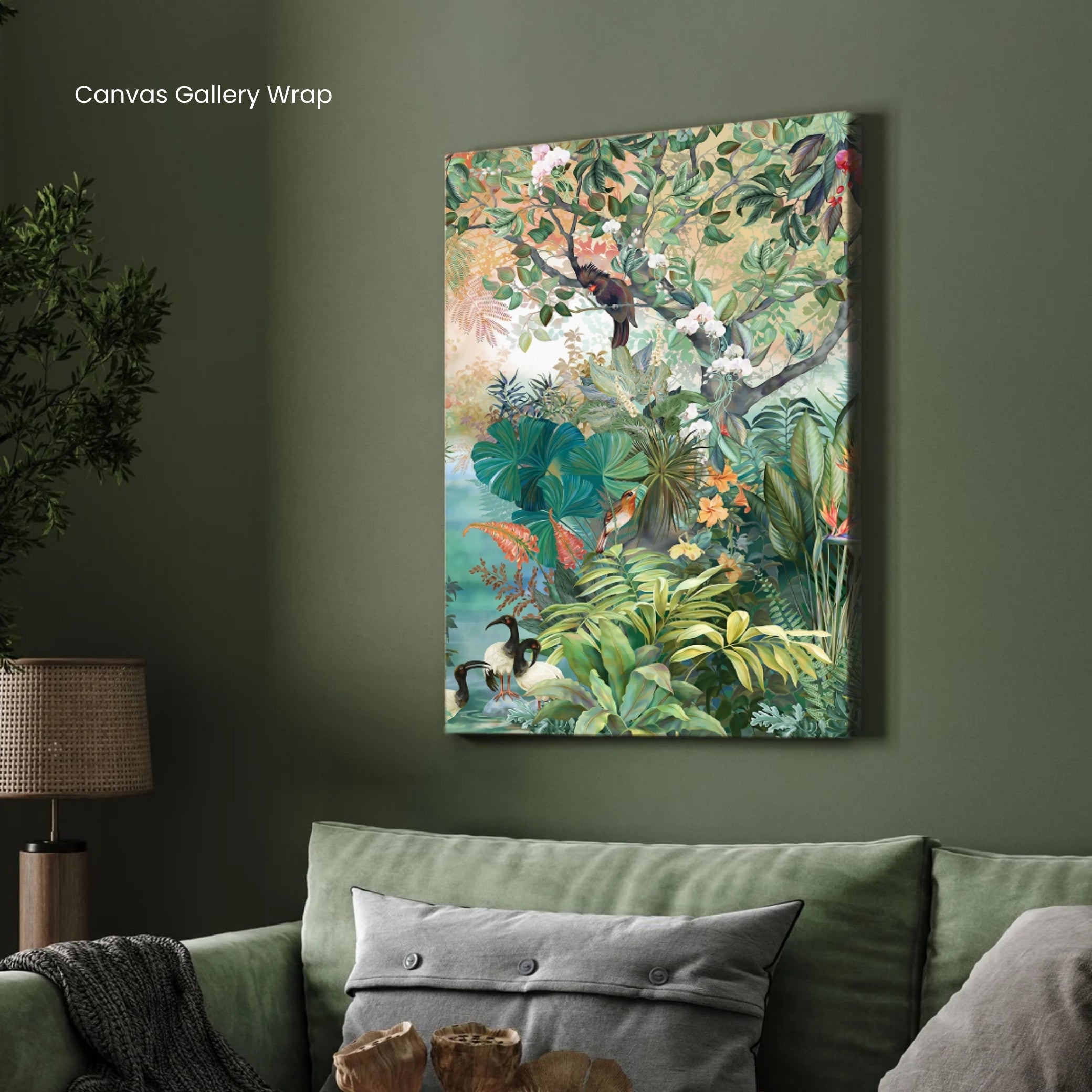 Serenity Grove – Tropical Rainforest Birds Canvas Wall Art 2 : 3 Vertical Premium Wall Art Canvas by MeriDeewar