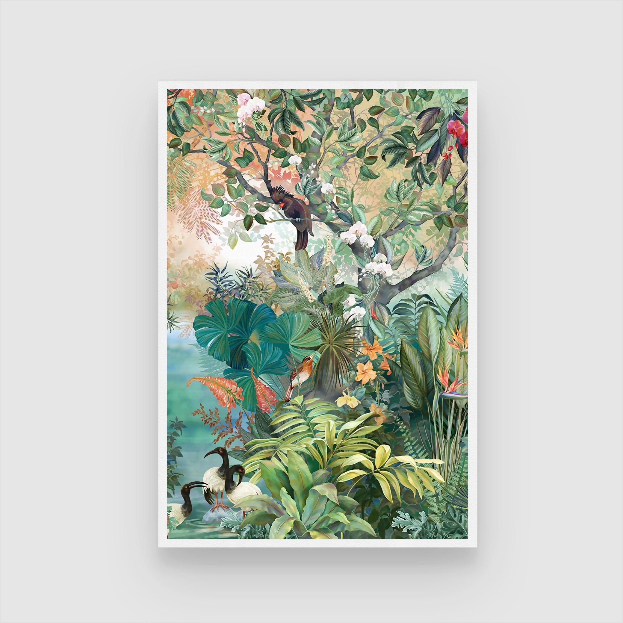 Serenity Grove – Tropical Rainforest Birds Canvas Wall Art 2 : 3 Vertical Premium Wall Art Canvas by MeriDeewar