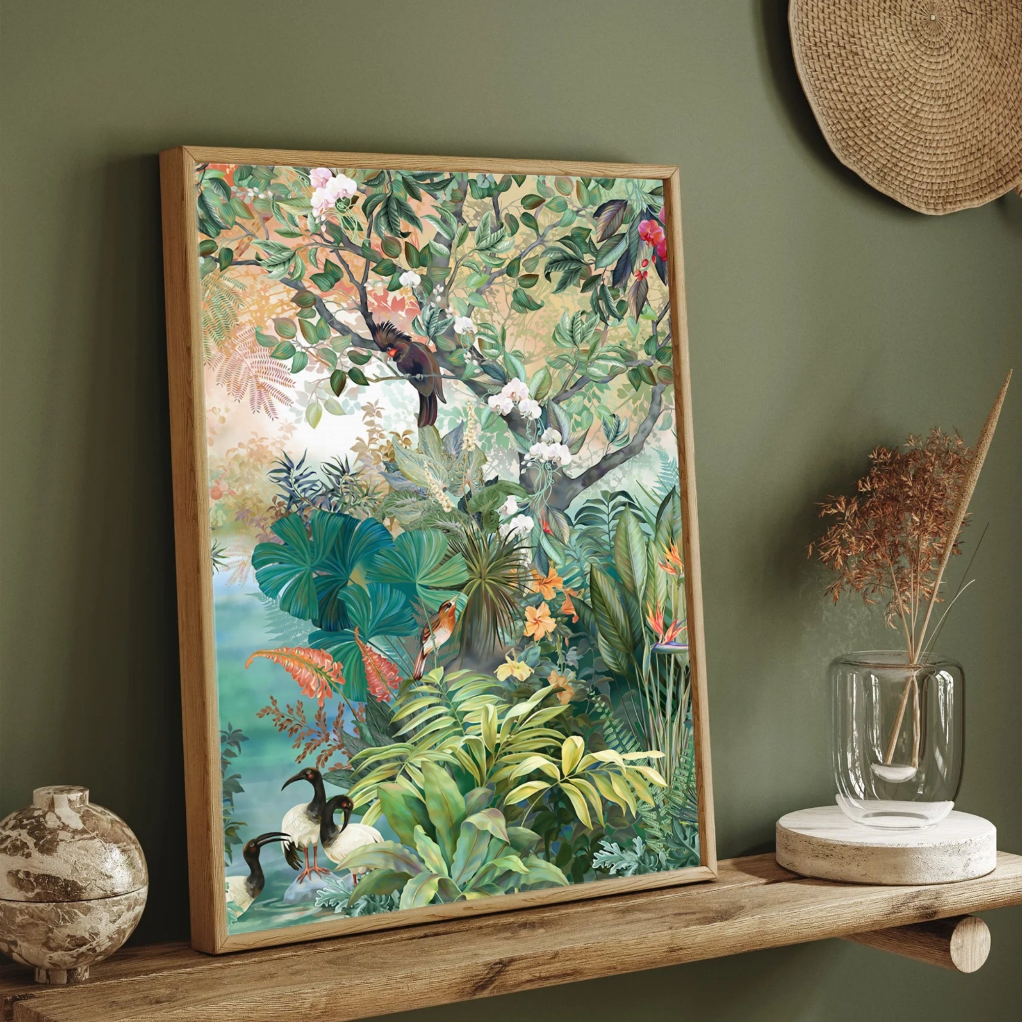 Serenity Grove – Tropical Rainforest Birds Canvas Wall Art 2 : 3 Vertical Premium Wall Art Canvas by MeriDeewar