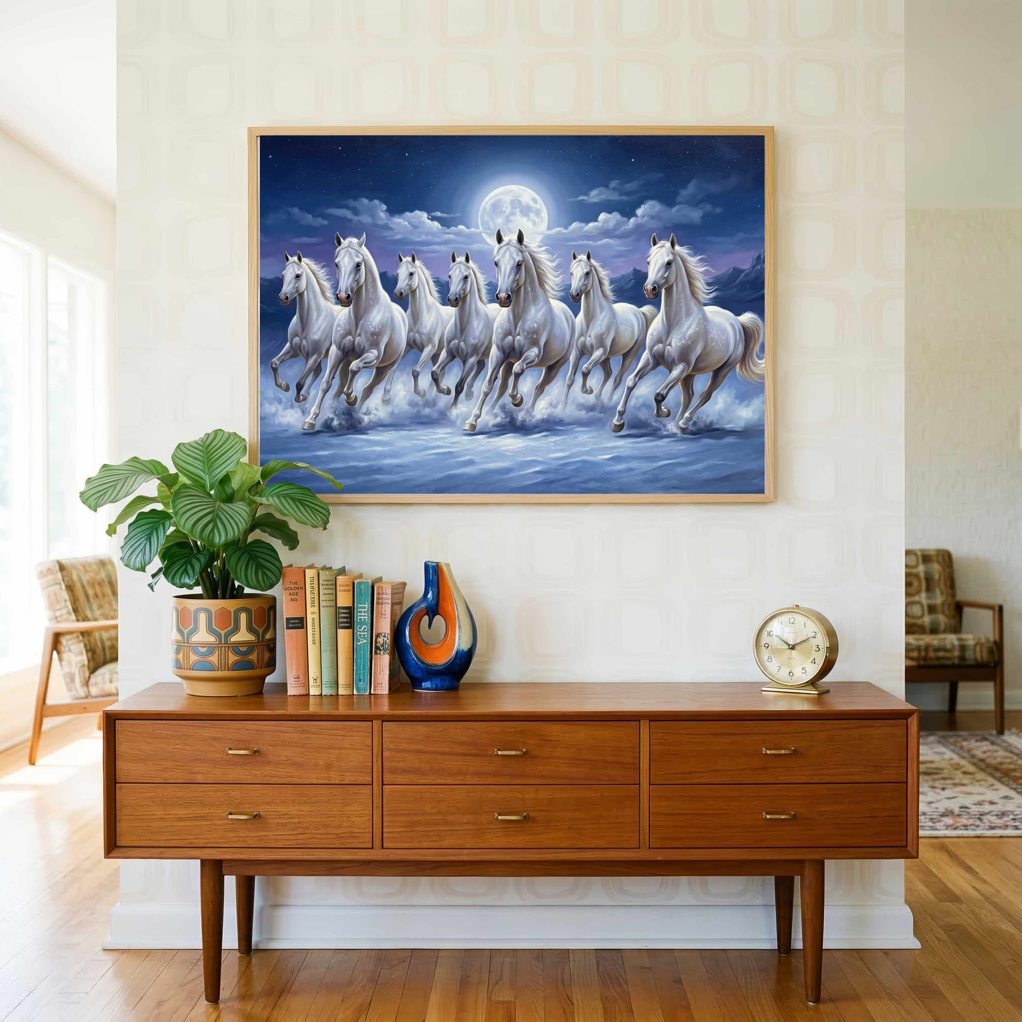 Seven Horse Painting Vastu for Living Room | Moonlight White Horses Wall Art | Giclée Print 3 : 2 Horizontal Premium Wall Art Canvas by MeriDeewar