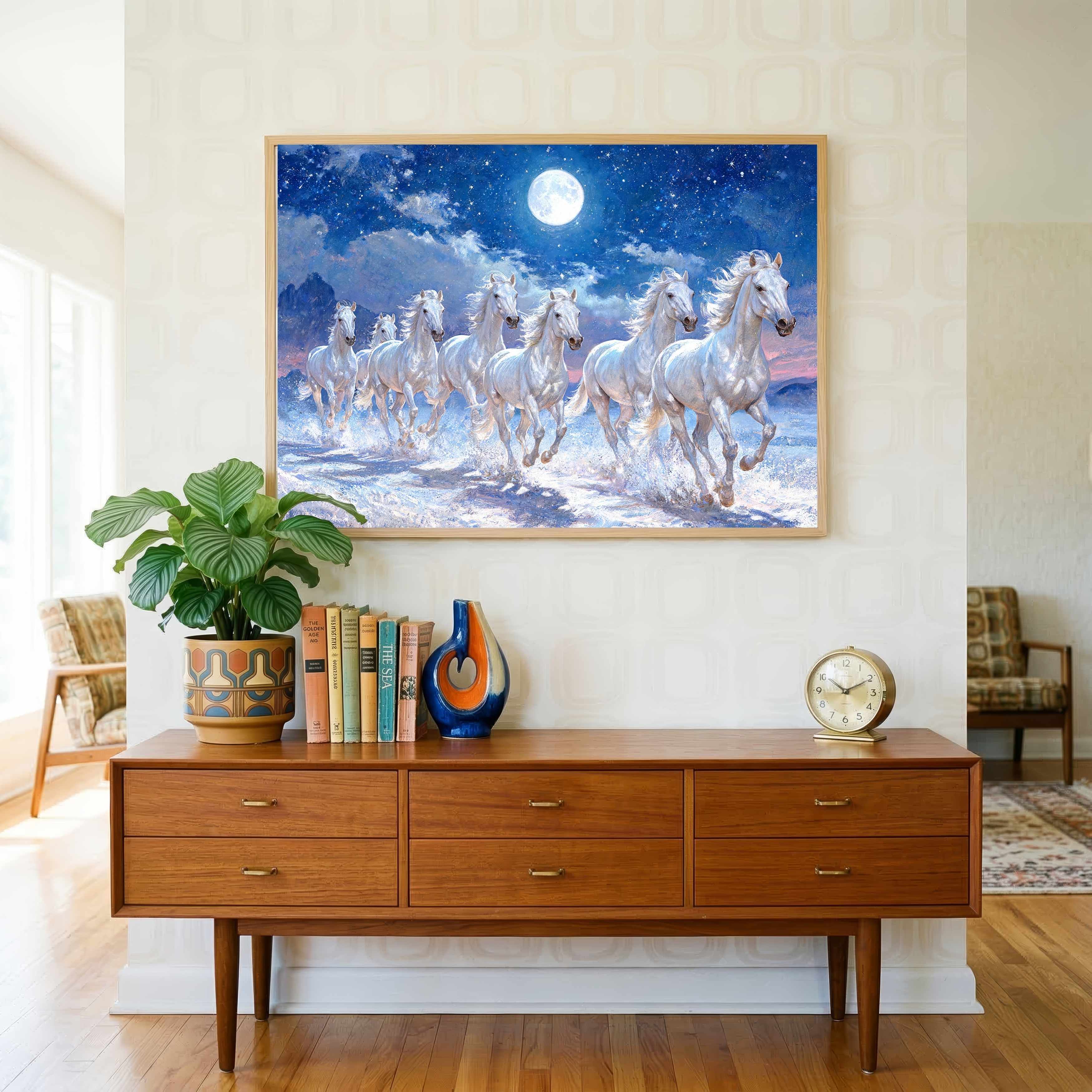 Seven Horse Painting Vastu for Living Room | Moonlight White Horses Wall Art | Giclée Print 3 : 2 Horizontal Premium Wall Art Canvas by MeriDeewar