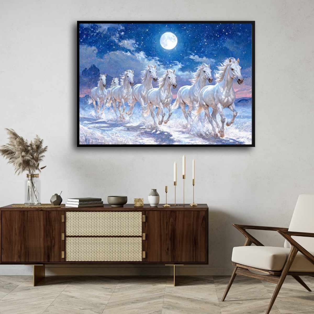 Seven Horse Painting Vastu for Living Room | Moonlight White Horses Wall Art | Giclée Print 3 : 2 Horizontal Premium Wall Art Canvas by MeriDeewar