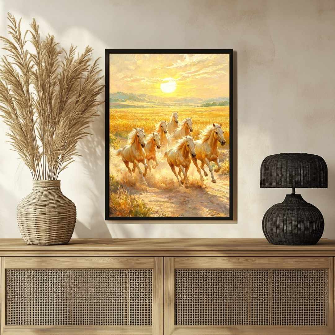 Seven Horse Painting Vastu for Living Room | White Horses Wall Art | Giclée Print 3 : 2 Horizontal Premium Wall Art Canvas by MeriDeewar