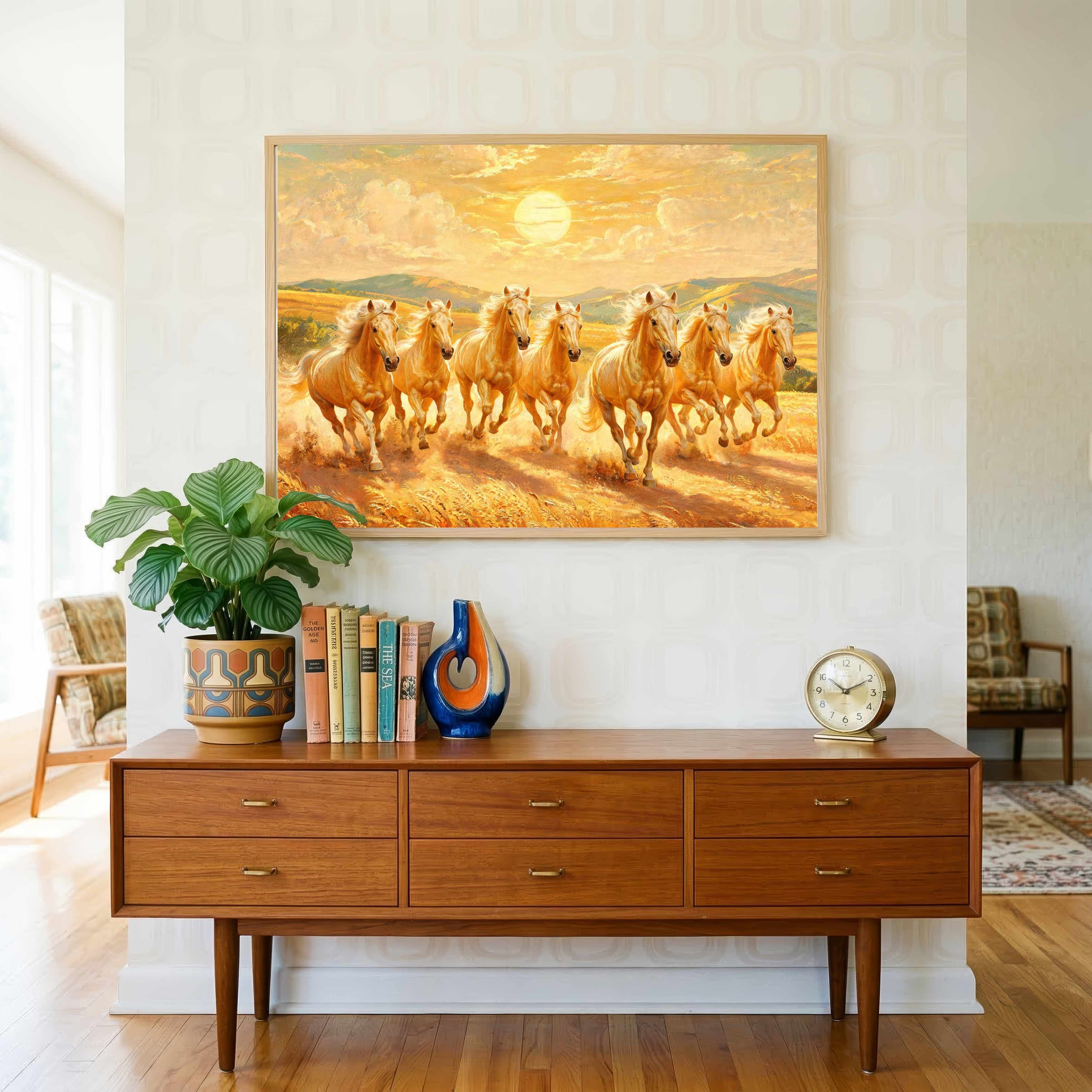 Seven Horse Painting Vastu for Living Room | White Horses Wall Art | Giclée Print 3 : 2 Horizontal Premium Wall Art Canvas by MeriDeewar