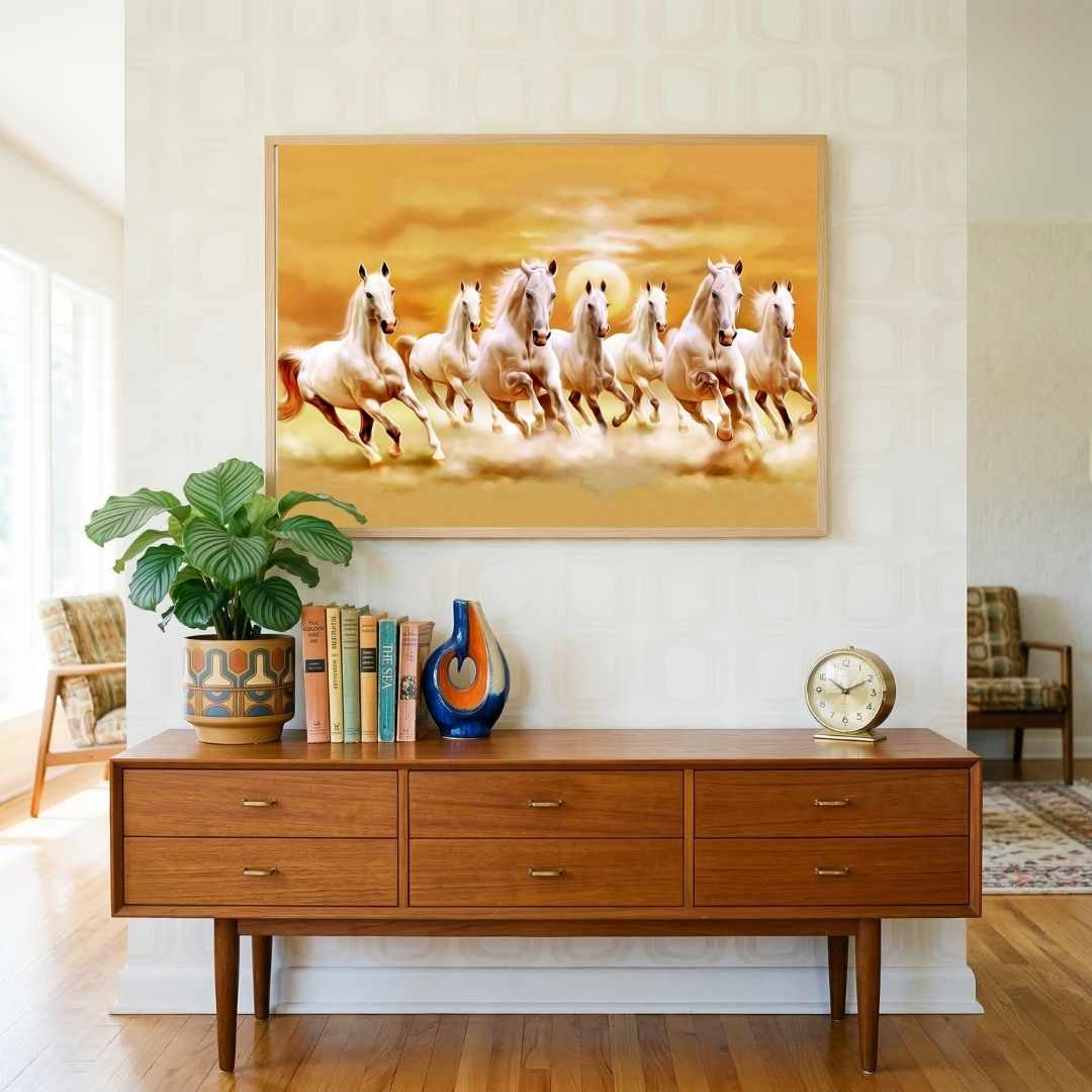 Seven Horse Painting Vastu for Living Room | White Running Horses Wall Art | Giclée Print 3 : 2 Horizontal Premium Wall Art Canvas by MeriDeewar