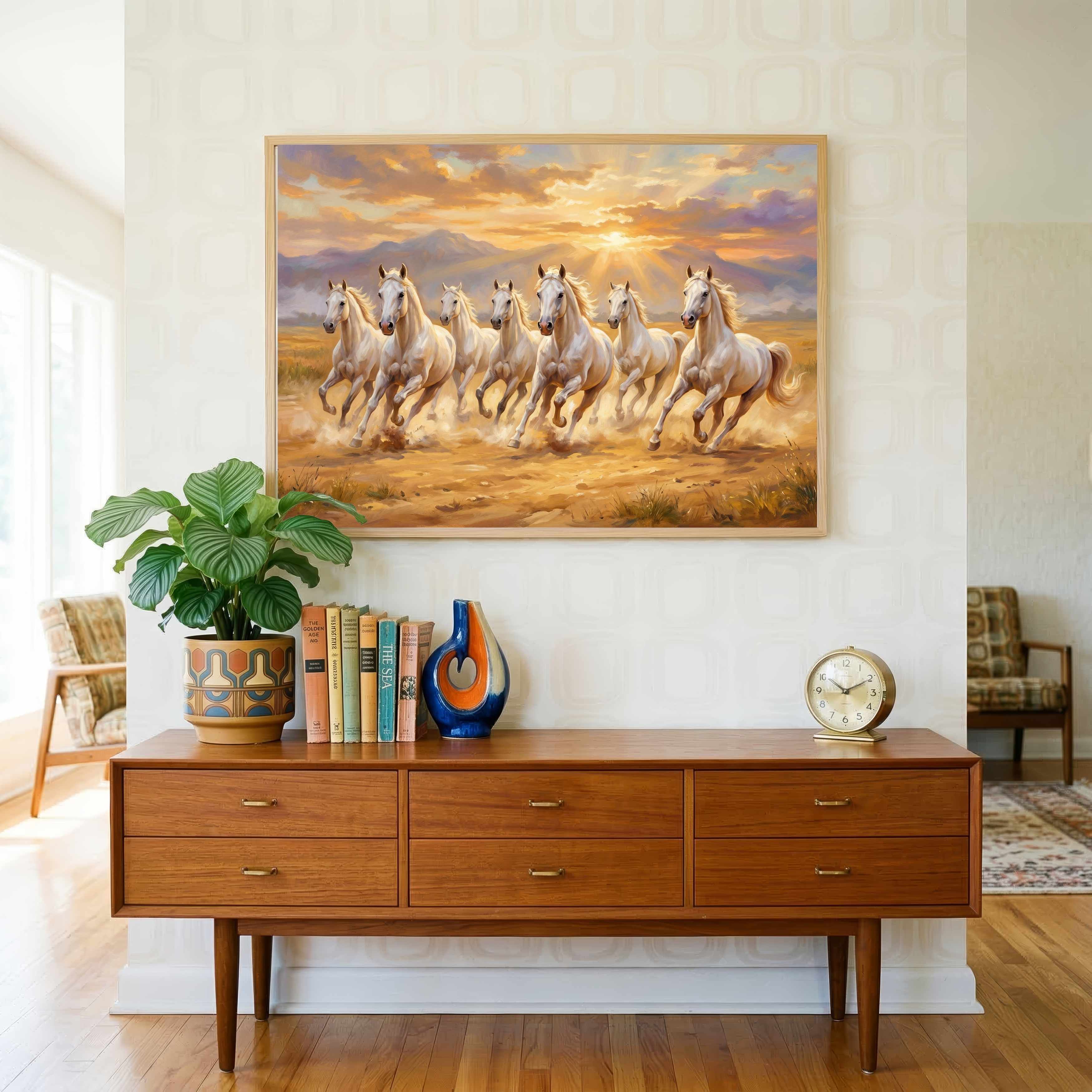 Seven Horse Painting Vastu | Running Horses Wall Art for Living Room | Sunset Canvas Print 3 : 2 Horizontal Premium Wall Art Canvas by MeriDeewar