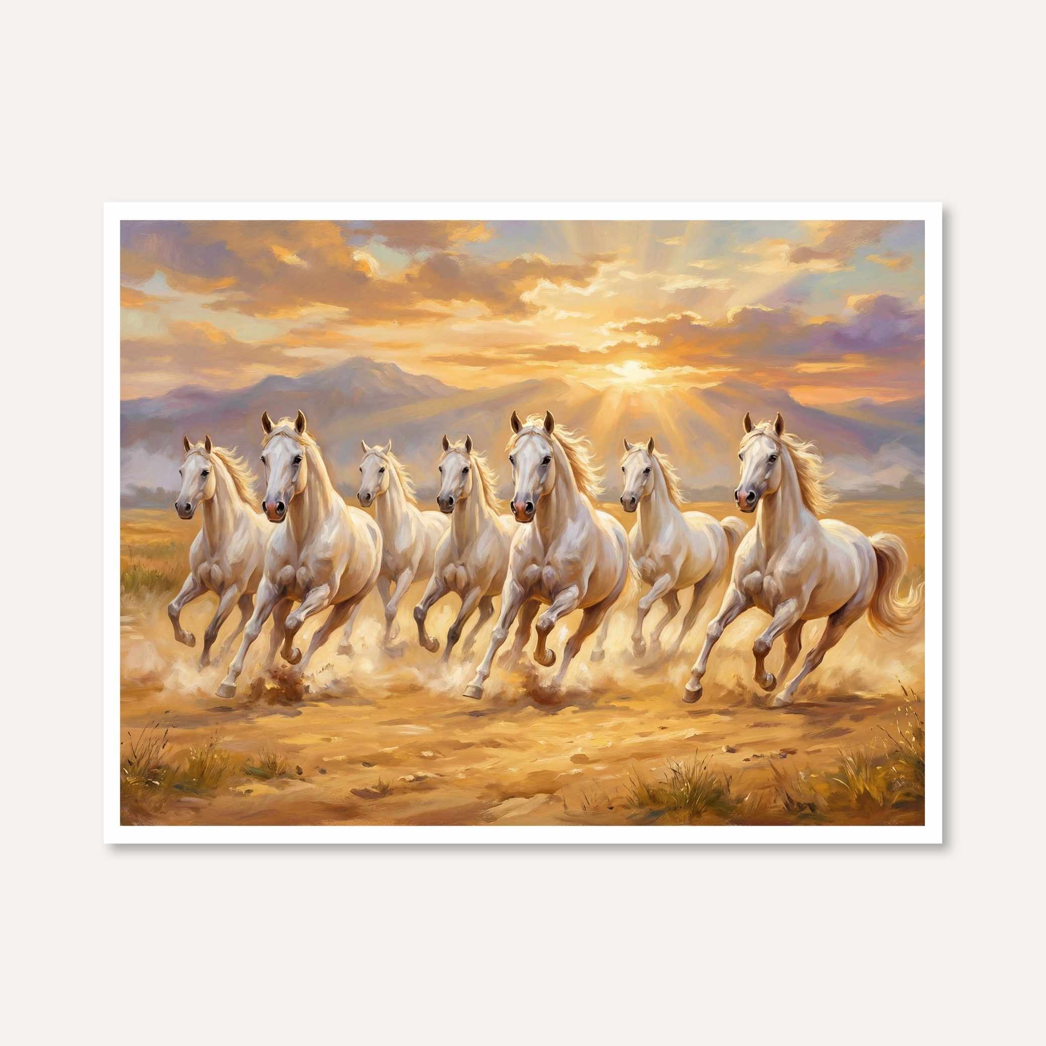 Seven Horse Painting Vastu | Running Horses Wall Art for Living Room | Sunset Canvas Print 3 : 2 Horizontal Premium Wall Art Canvas by MeriDeewar
