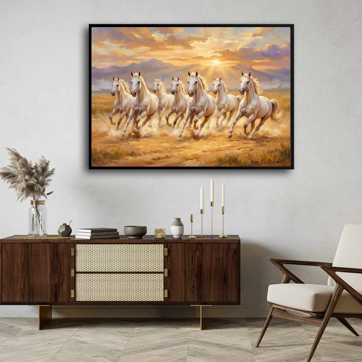 Seven Horse Painting Vastu | Running Horses Wall Art for Living Room | Sunset Canvas Print 3 : 2 Horizontal Premium Wall Art Canvas by MeriDeewar