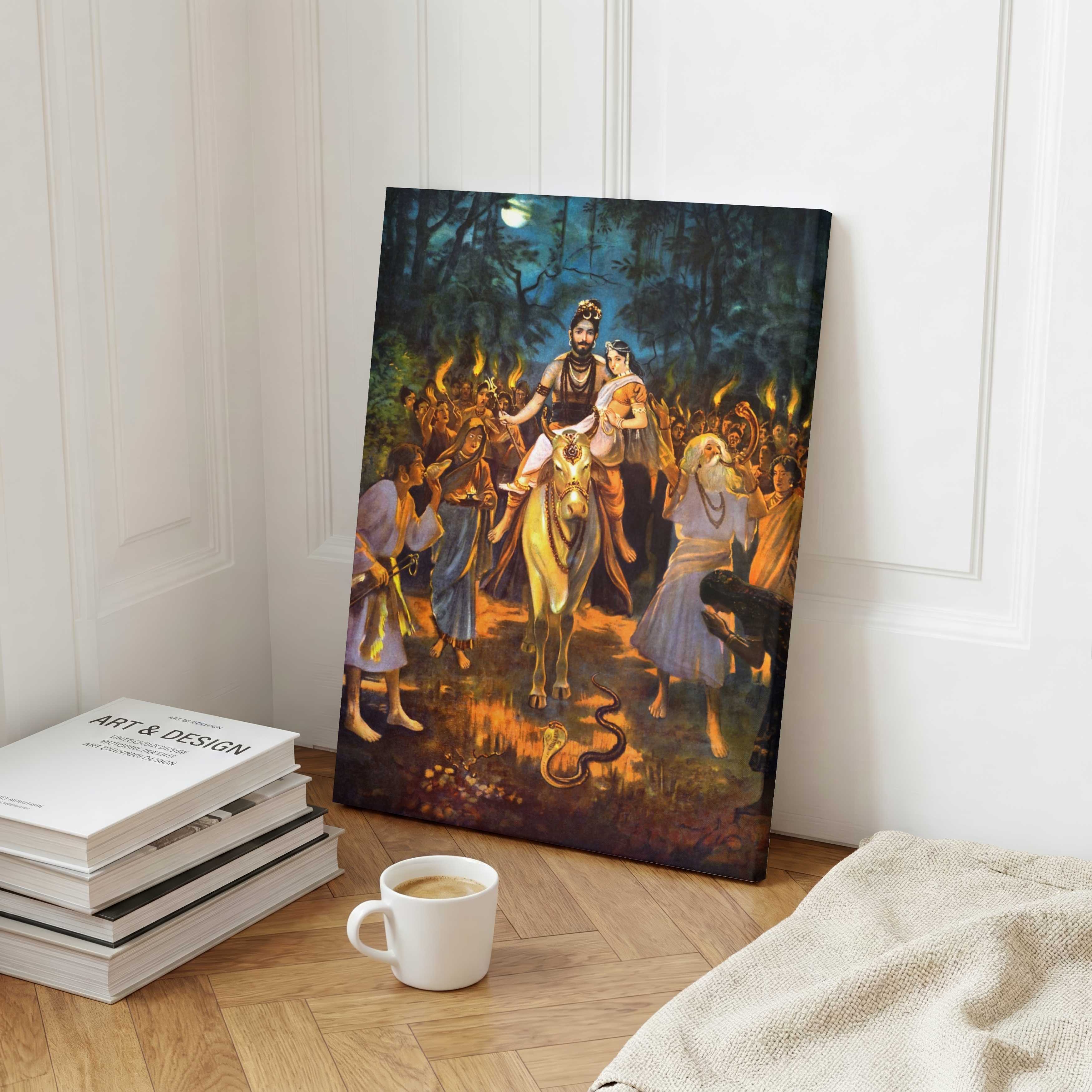 Shiv Parvati Vivah Painting for Home | Raja Ravi Varma Spiritual Wall Art Print 3 : 4 Vertical Premium Wall Art Canvas by MeriDeewar