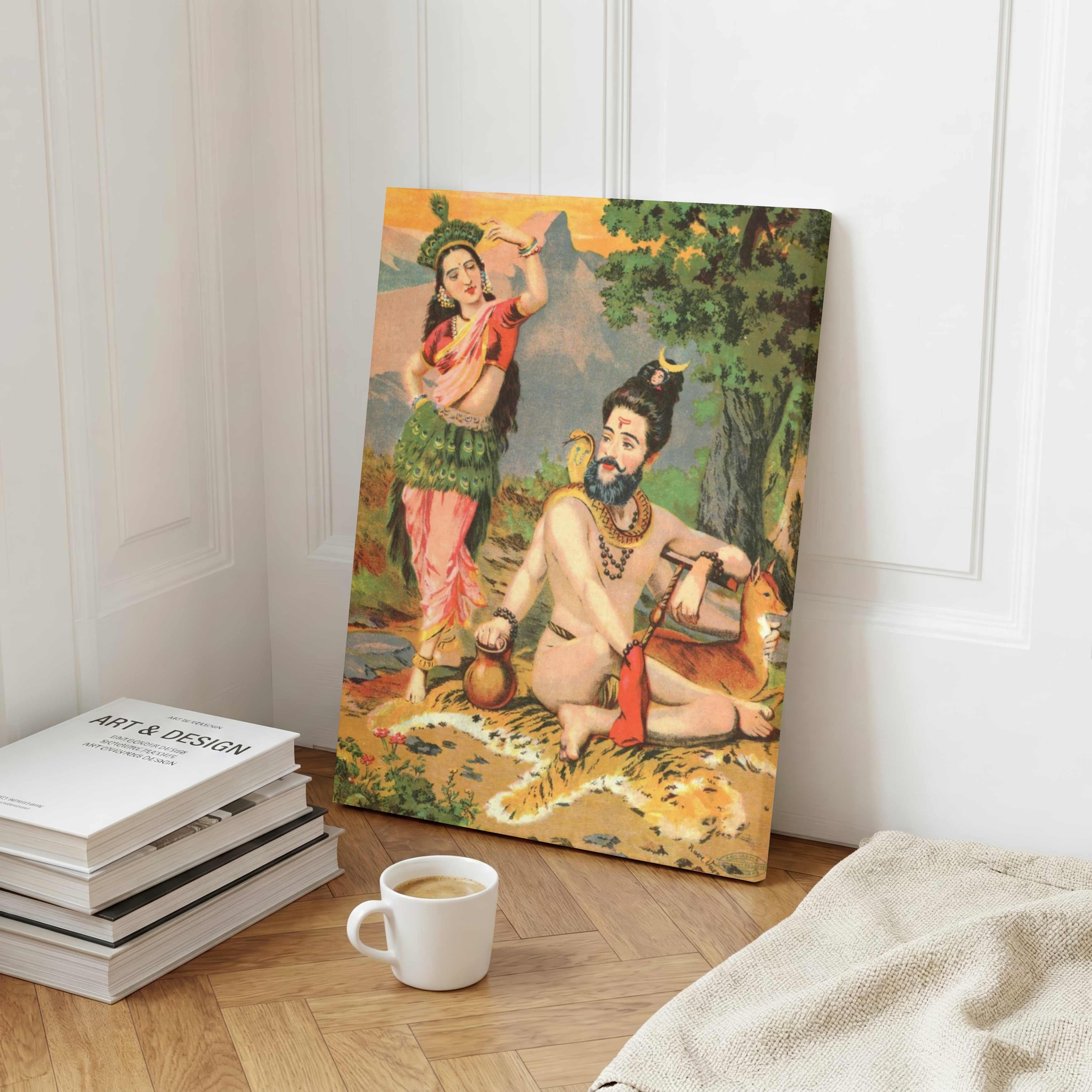 Shiva Parvati Painting for Home | Raja Ravi Varma Shankar Bhili Spiritual Wall Art 2 : 3 Vertical Premium Wall Art Canvas by MeriDeewar