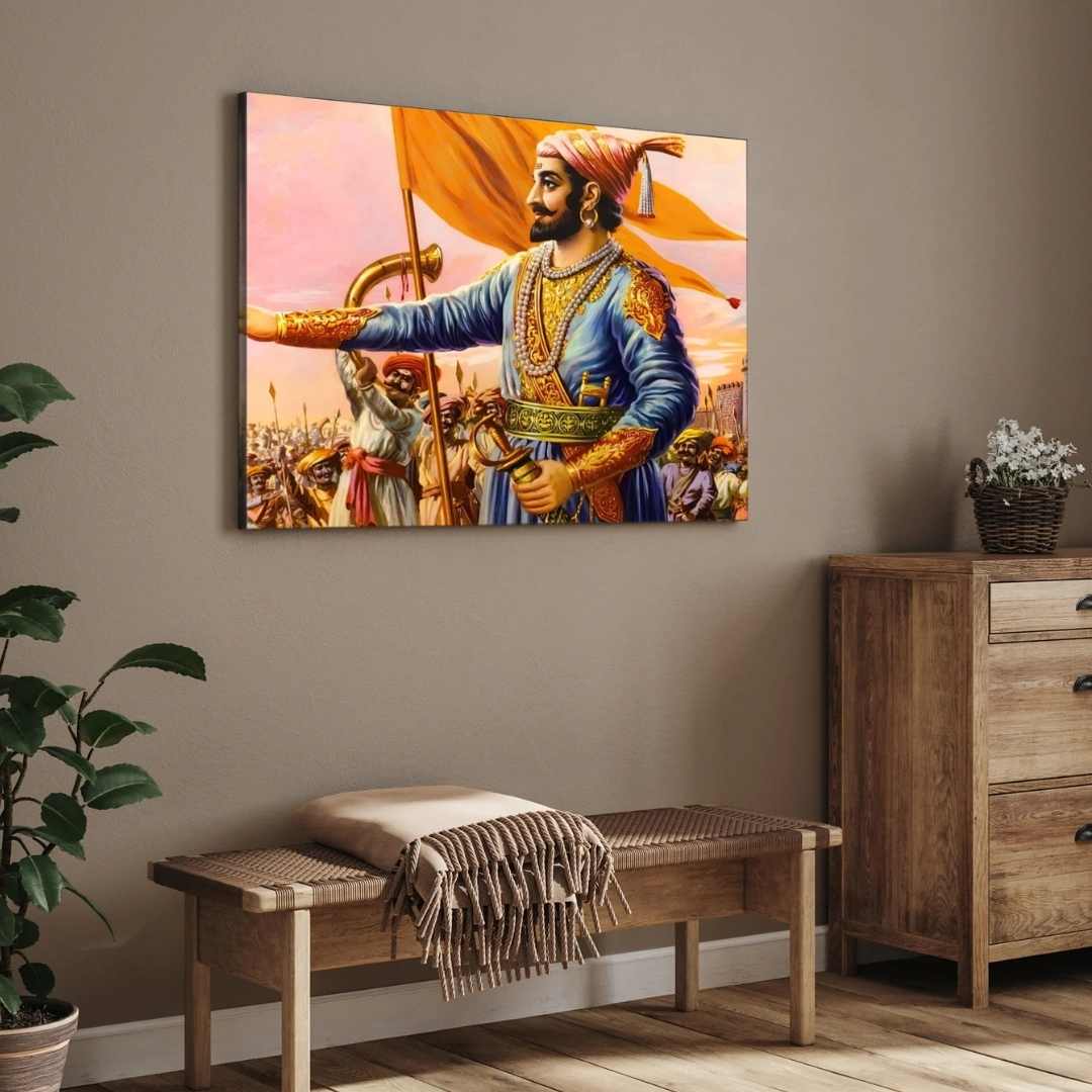 Shivaji Maharaj Painting for Living Room | Hindavi Swarajya Wall Art | MeriDeewar 3 : 2 Horizontal Premium Wall Art Canvas by MeriDeewar