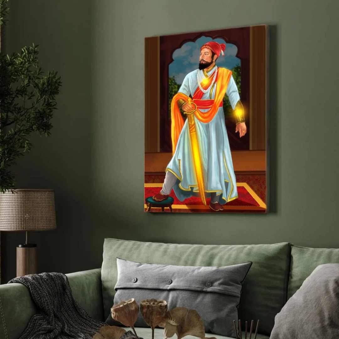 Shivaji Maharaj Painting for Living Room | Royal Maratha Wall Art | Giclée Fine Art Print 2 : 3 Vertical Premium Wall Art Canvas by MeriDeewar