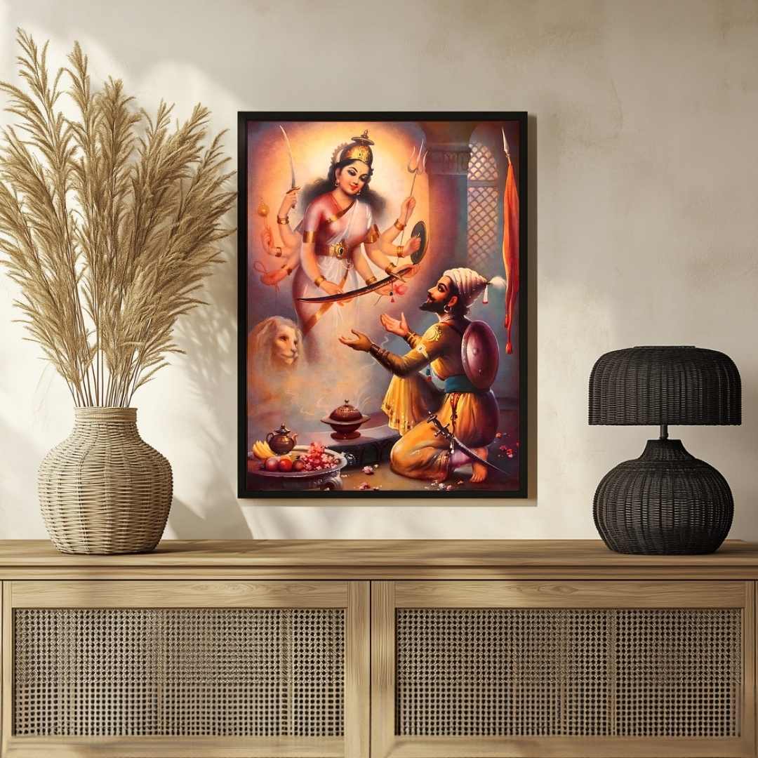 Shivaji Maharaj Tulja Bhavani Mata Painting for Living Room | Spiritual Wall Art | MeriDeewar 3 : 4 Vertical Premium Wall Art Canvas by MeriDeewar