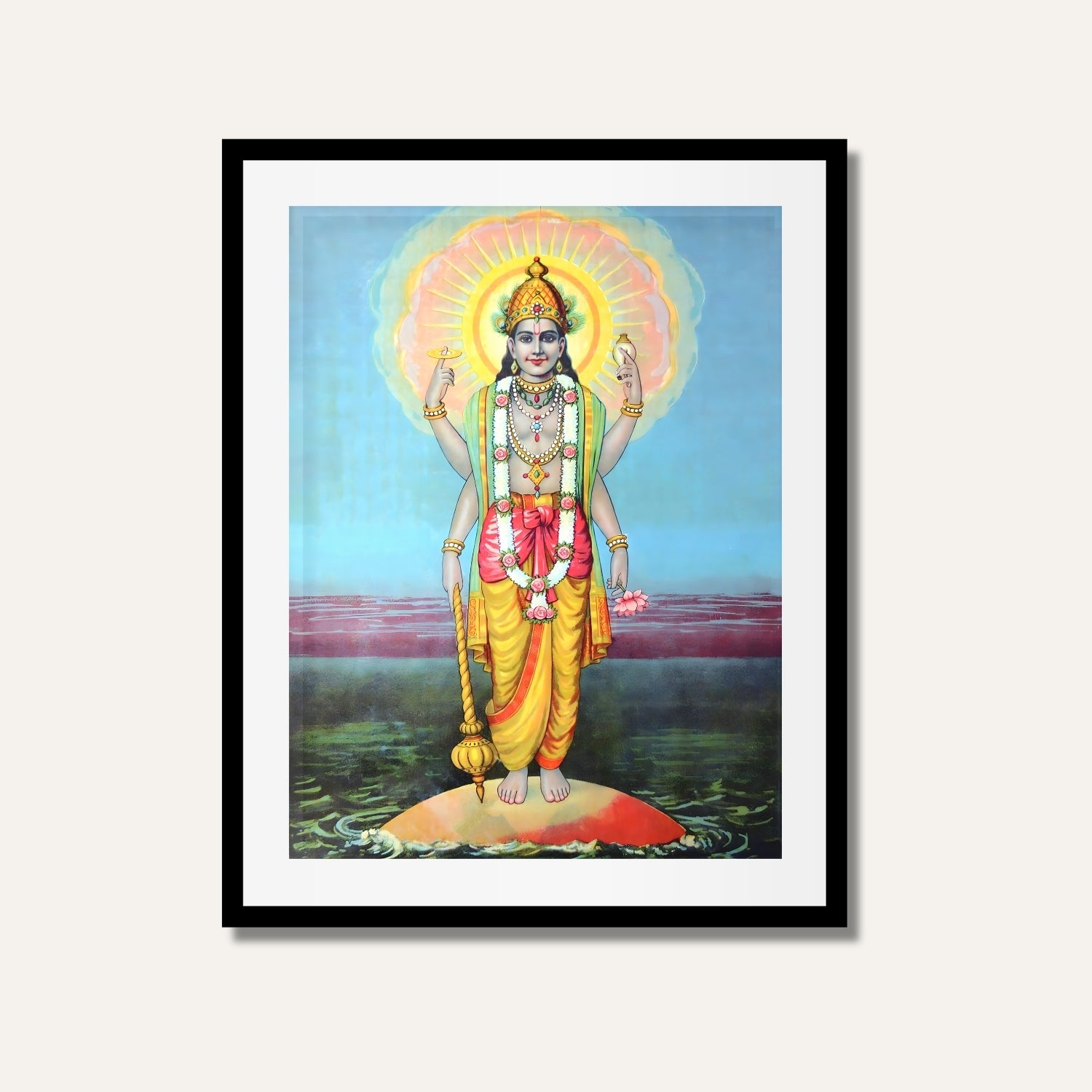 Shree Vishnu Painting – Raja Ravi Varma Hindu Mythology Wall Art | MeriDeewar 3 : 4.2 Vertical Premium Wall Art Canvas by MeriDeewar