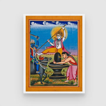 Siva, Standing on a Lingum, Which Is Worshipped by a Woman, Defeats a Demon on an Ox Painting 3 : 4 Vertical New Premium Wall Art Canvas by MeriDeewar