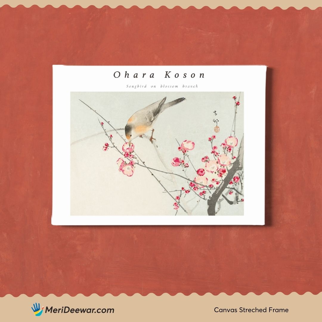 Songbird on a Blossom Branch Painting by Ohara Koson 3 : 4 Horizontal New Premium Wall Art Canvas by MeriDeewar
