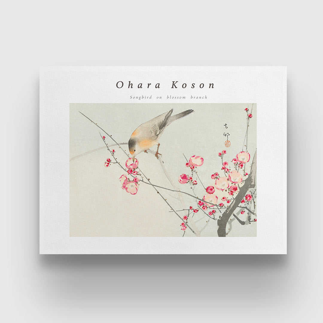 Songbird on Blossom Branch Paintin by Ohara Koson 3 : 4 Horizontal New Premium Wall Art Canvas by MeriDeewar