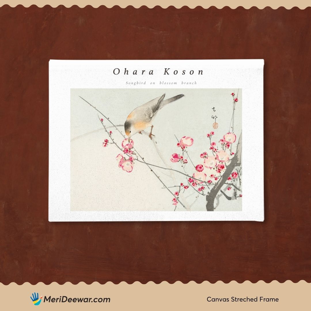 Songbird on Blossom Branch Paintin by Ohara Koson 3 : 4 Horizontal New Premium Wall Art Canvas by MeriDeewar