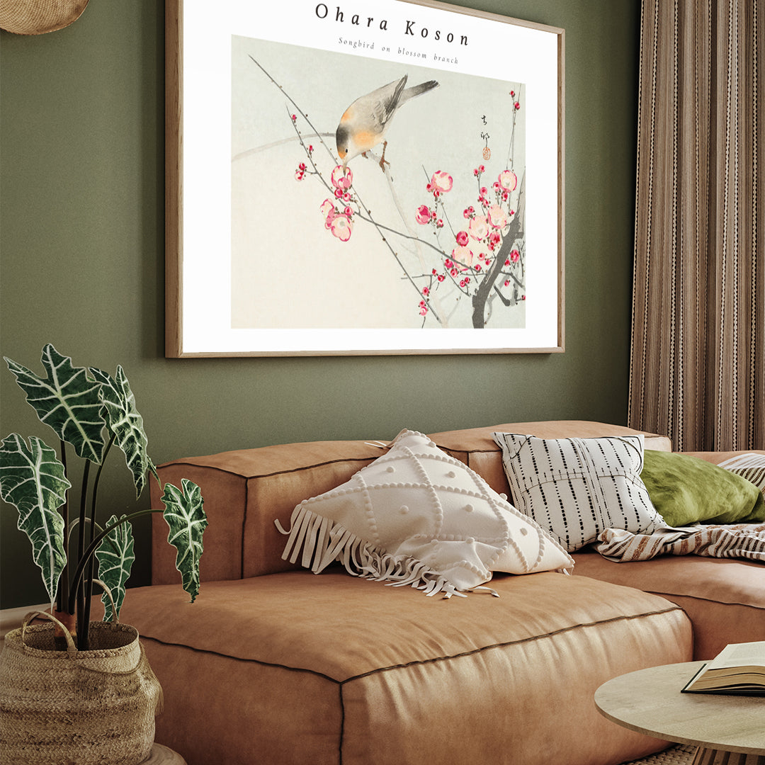 Songbird on Blossom Branch Paintin by Ohara Koson 3 : 4 Horizontal New Premium Wall Art Canvas by MeriDeewar