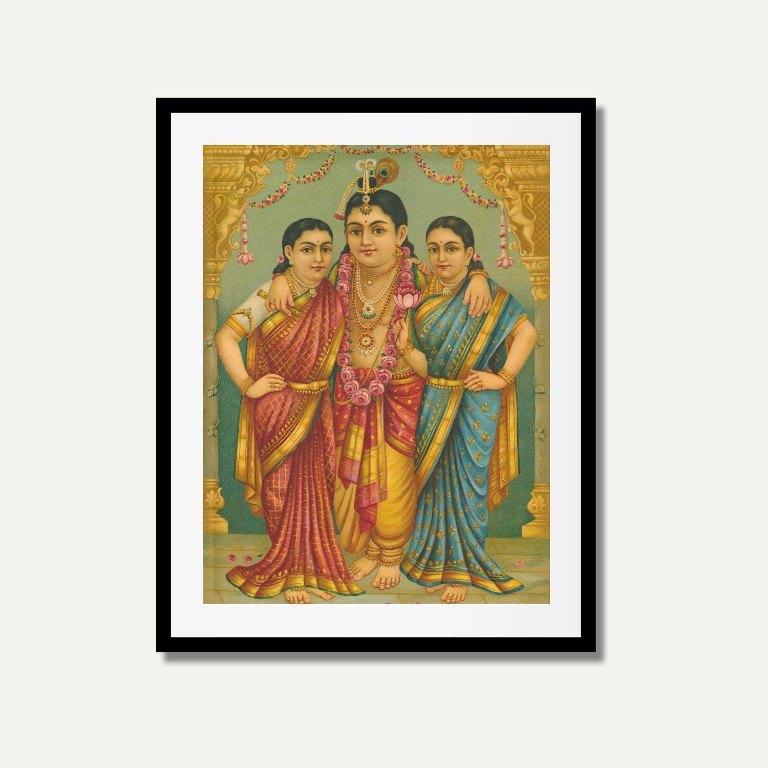 Sree Radha-Rukmini Krishna Painting – Raja Ravi Varma Indian Mythology Wall Art | MeriDeewar 3 : 4.2 Vertical Premium Wall Art Canvas by MeriDeewar