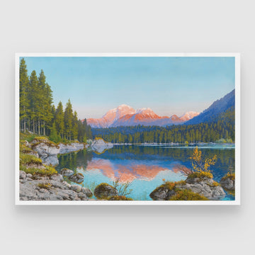Still Waters & Pink Peaks – Reflective Mountain Lake Wall Art 2 : 3 Horizontal Premium Wall Art Canvas by MeriDeewar