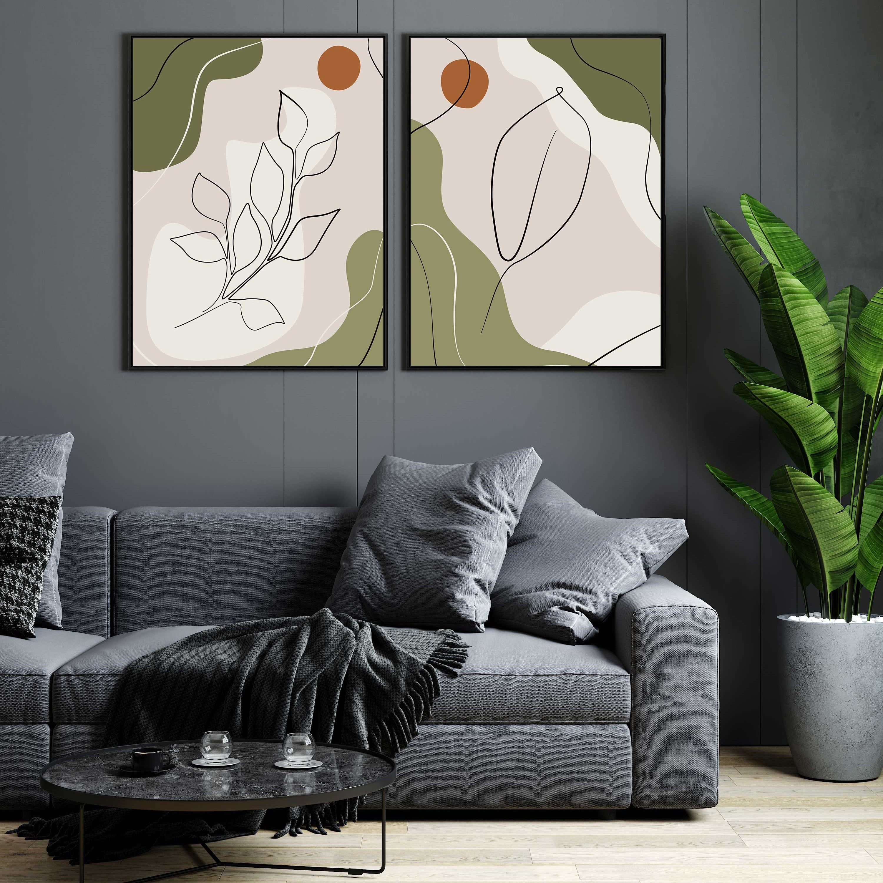 Stylish Flower Line Art with Abstract Shapes - Home Decor Walls Premium Wall Art Canvas by MeriDeewar