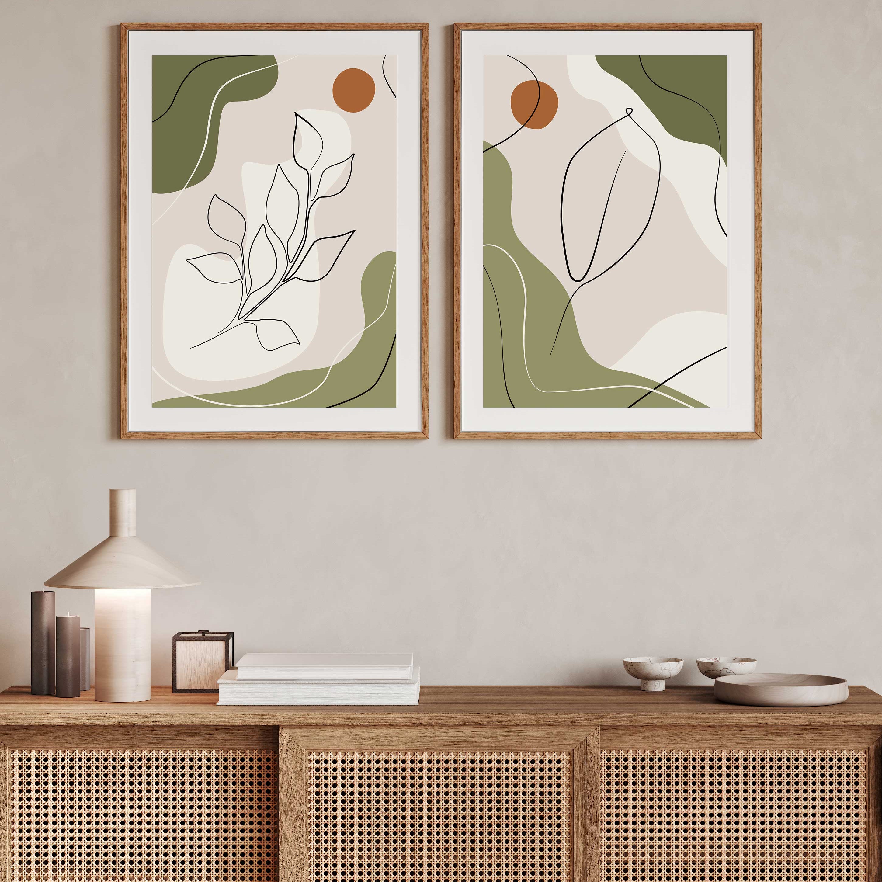 Stylish Flower Line Art with Abstract Shapes - Home Decor Walls Premium Wall Art Canvas by MeriDeewar