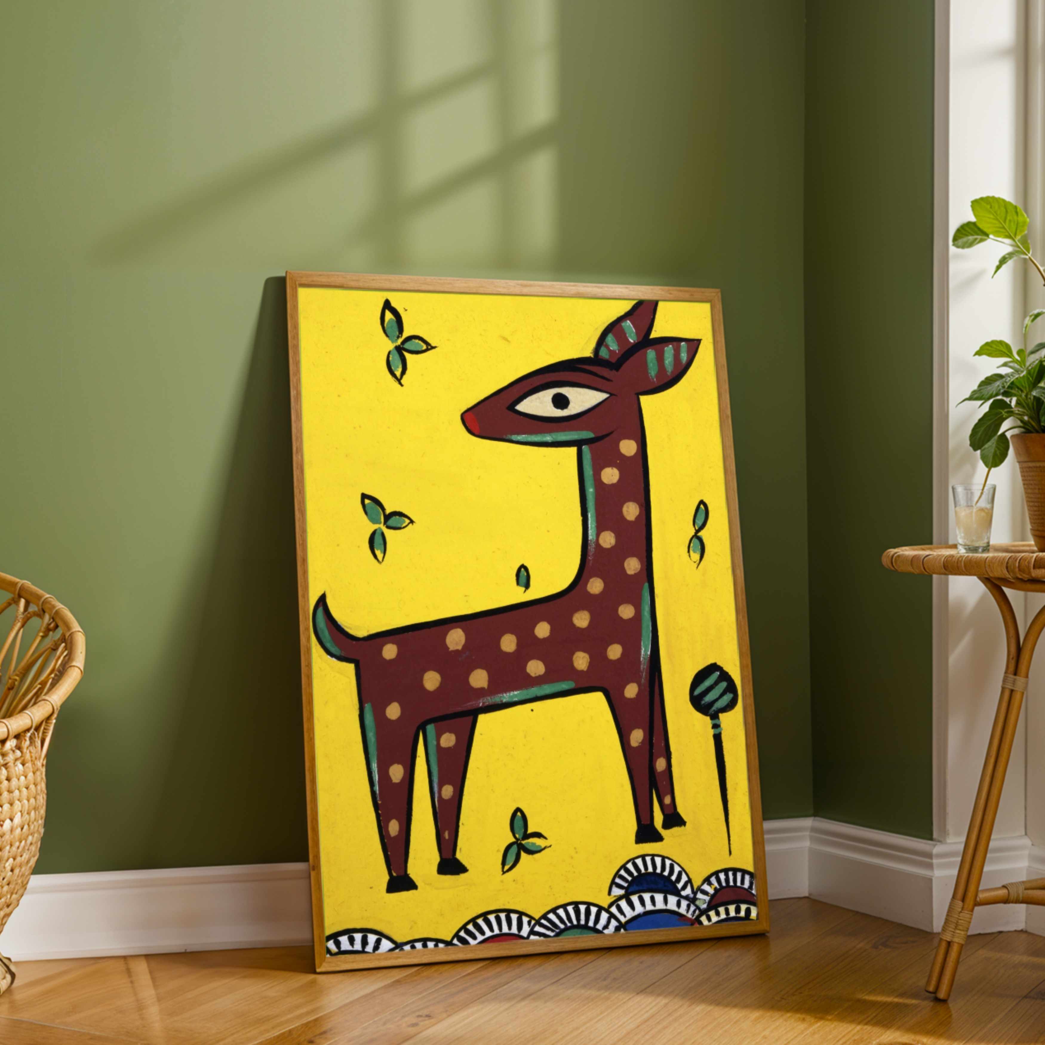 "Stylized Deer" Jamini Roy Painting | Fine Art Wall Art 2 : 3 Vertical Premium Wall Art Canvas by MeriDeewar