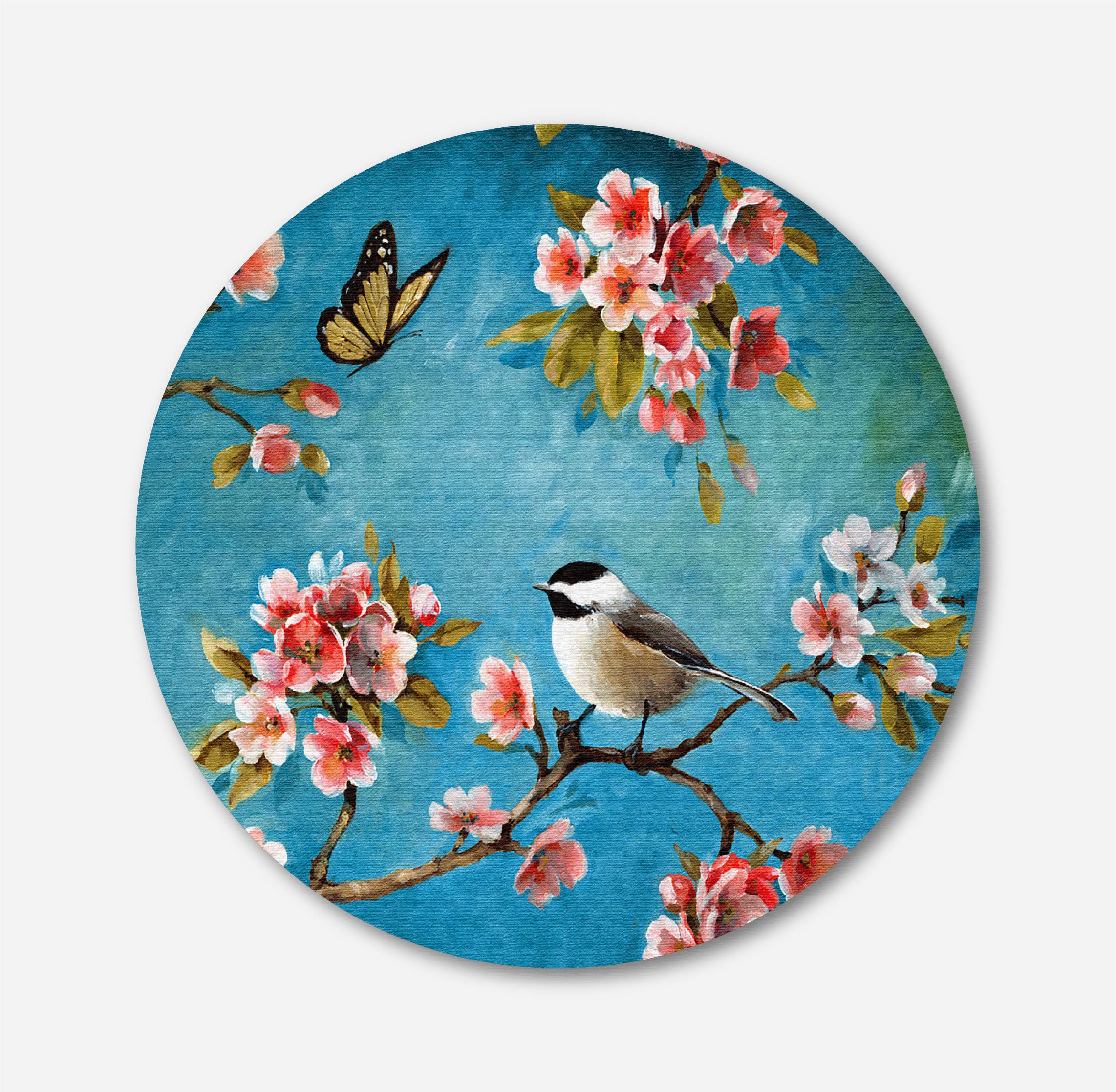 Summer butterfly and Bird Painting Circular Canvas Frame Circular Canvas Frame Premium Wall Art Canvas by MeriDeewar