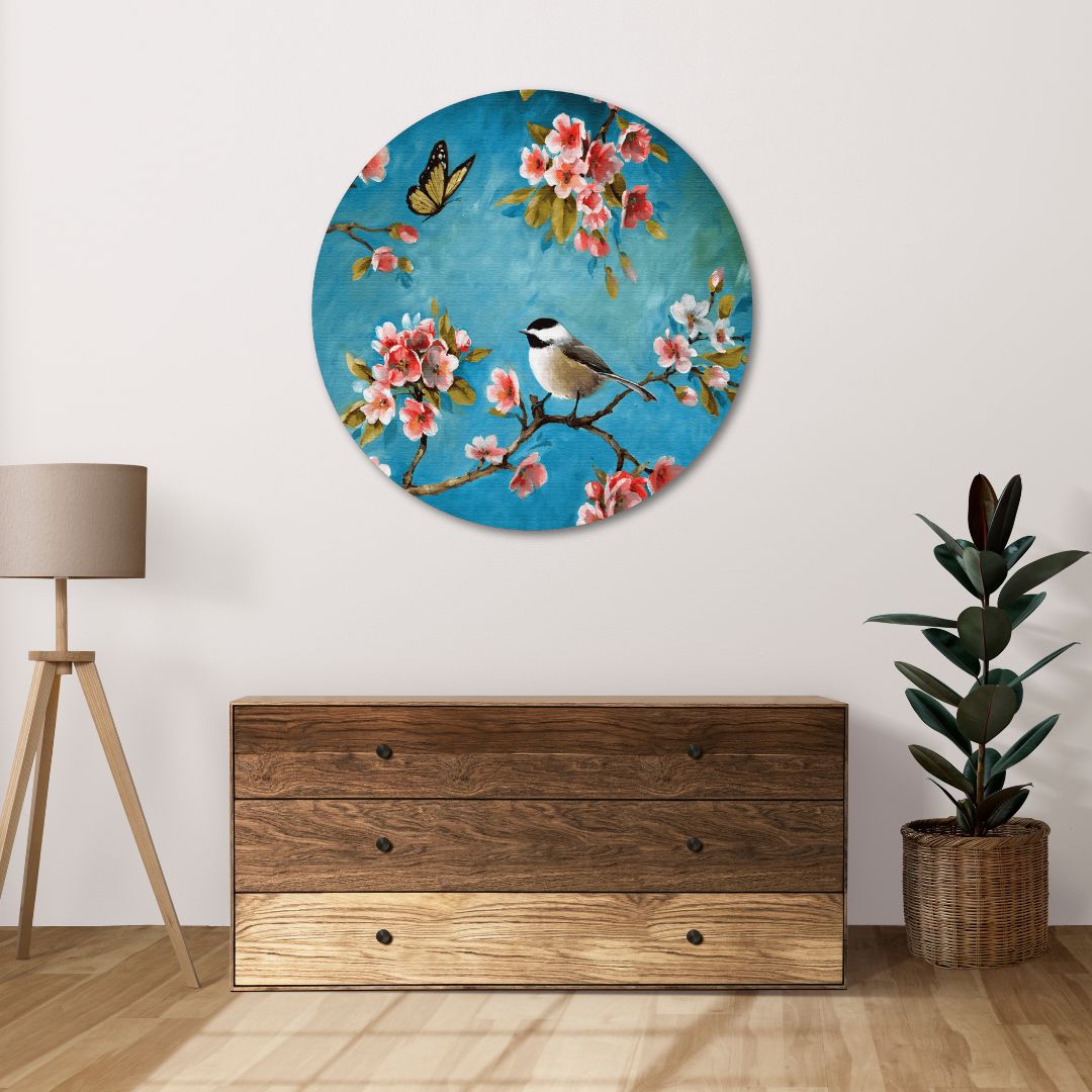 Summer butterfly and Bird Painting Circular Canvas Frame Circular Canvas Frame Premium Wall Art Canvas by MeriDeewar