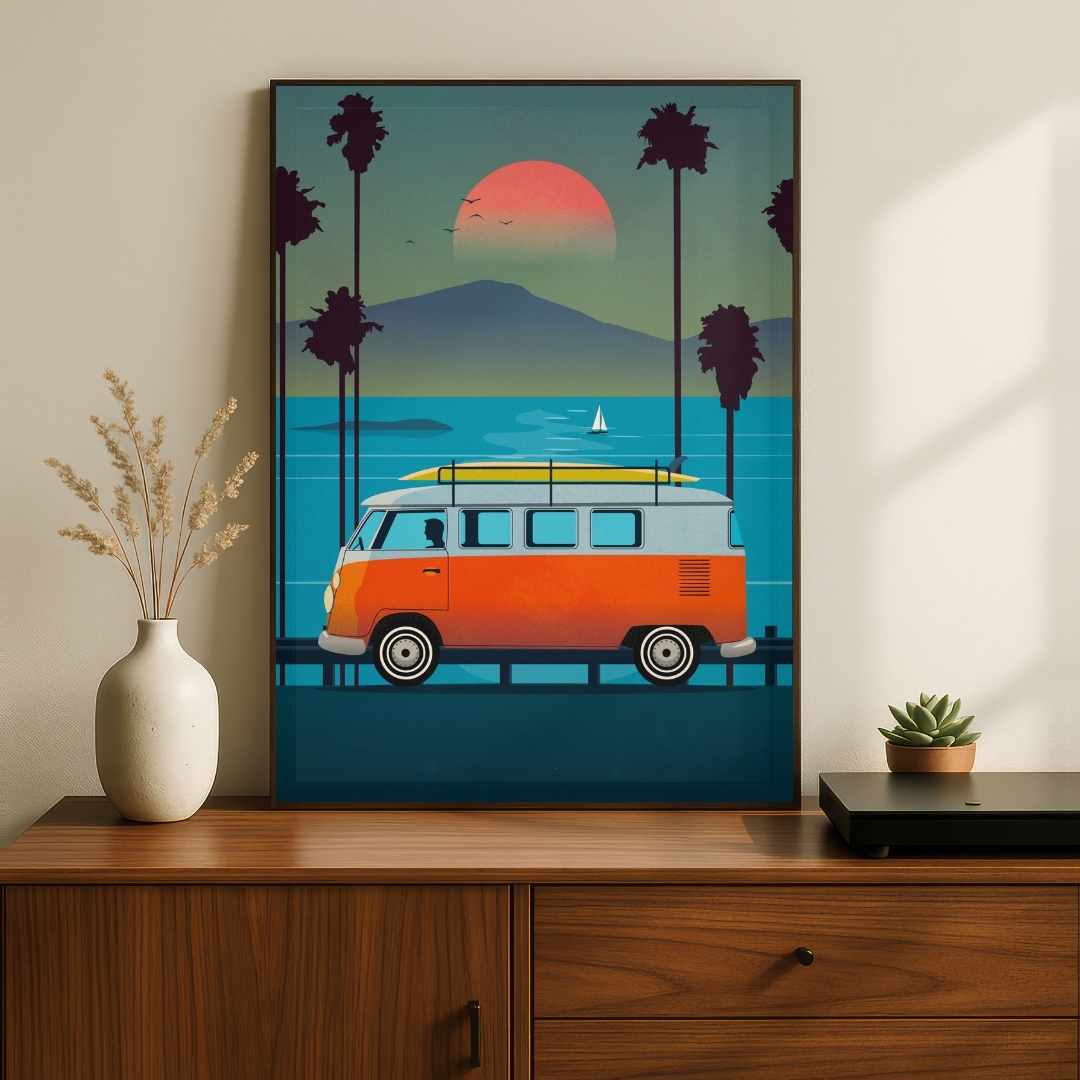 "Sunset Surf Van" Coastal Retro Travel Poster | Vertical Borderless Art Frame Poster Premium Wall Art Canvas by MeriDeewar