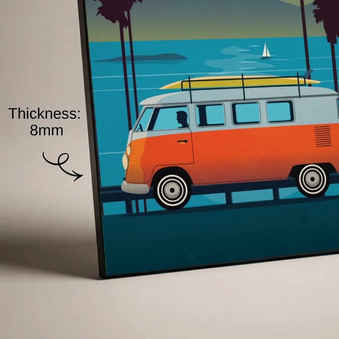 "Sunset Surf Van" Coastal Retro Travel Poster | Vertical Borderless Art Frame Poster Premium Wall Art Canvas by MeriDeewar